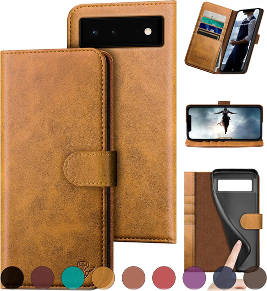 Ducksky for Google Pixel 6 Genuine Leather Wallet Case 【RFID Blocking】【4 Credit Card Holder】【Real Leather】 Flip Folio Book Phone Case Protective Cover Women Men for Pixel6 Case Khaki  DuckSky   