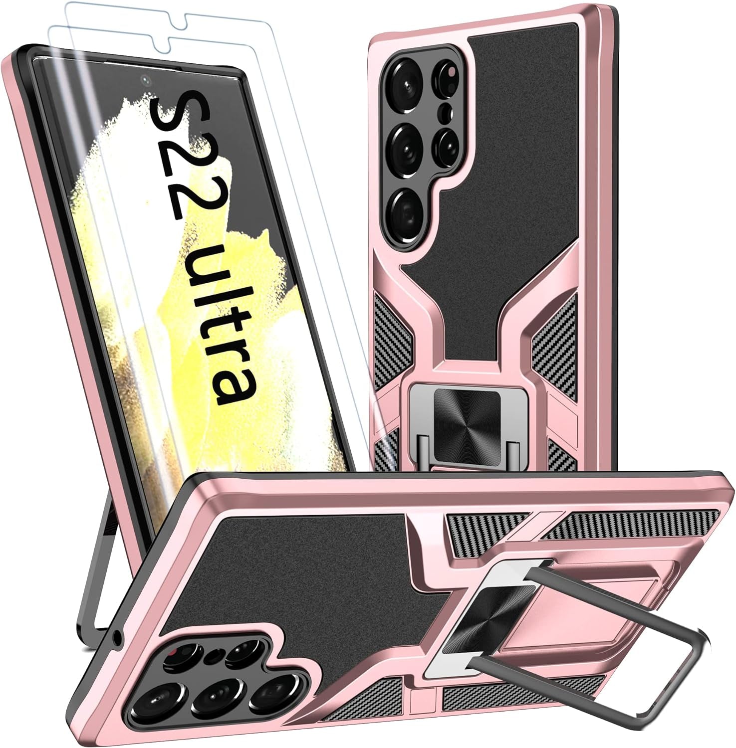 AKINIK for Samsung Galaxy S22 Ultra Case, S22 Ultra Case with Self Healing Flexible TPU Screen Protector [2 Pack], Military Grade with Kickstand Case for Galaxy S22 Ultra 5G-Red  AKINIK Rose Gold  