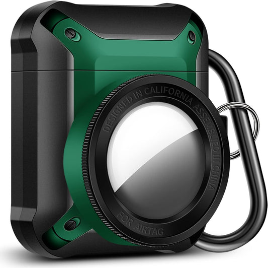 Wonjury Camera Design Airpod Airtag Case Armor Case Cover Compatible with Airpods 2/1 and Airtags , Cute Military Protective Case with Keychain Shockproof (Black/Green)  Wonjury   