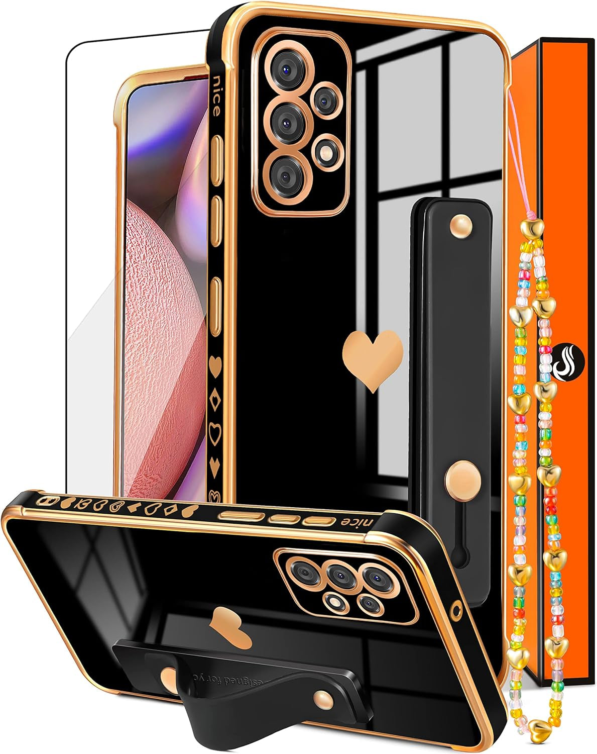 Likiyami (3In1 for Samsung Galaxy A53 5G Case Heart Women Girls Cute Girly Aesthetic Trendy Luxury Pretty with Loop Phone Cases Blue and Gold Plating Love Hearts Cover+Screen+Chain for A53 5G -6.5''  Likiyami Only For Samsung Galaxy A53 5G-Black  