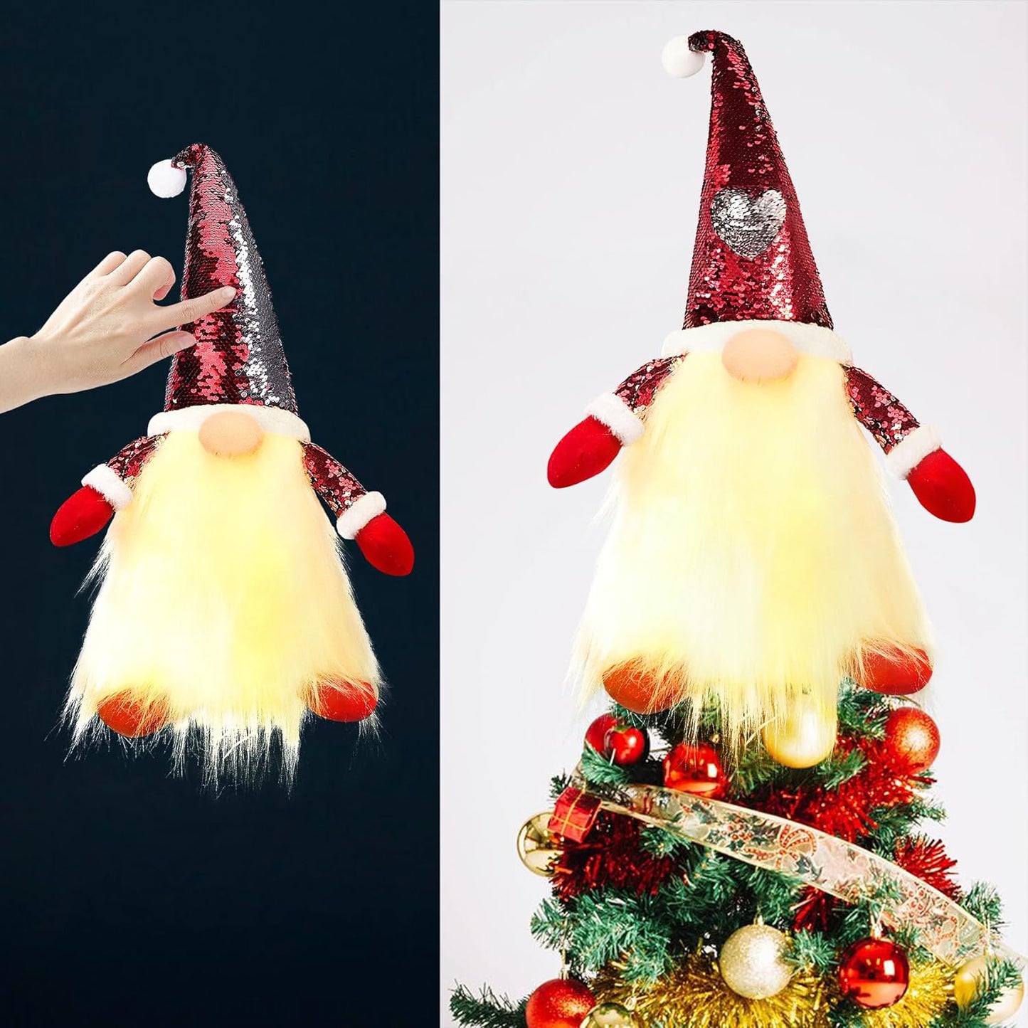 Fortuning'S JDS Gnome Christmas Tree Topper with Light, 21" Gnome Decorations with DIY Reversible Sequin Hat as Christmas Tree Ornaments Holiday Home Decor  Fortuning's JDS   