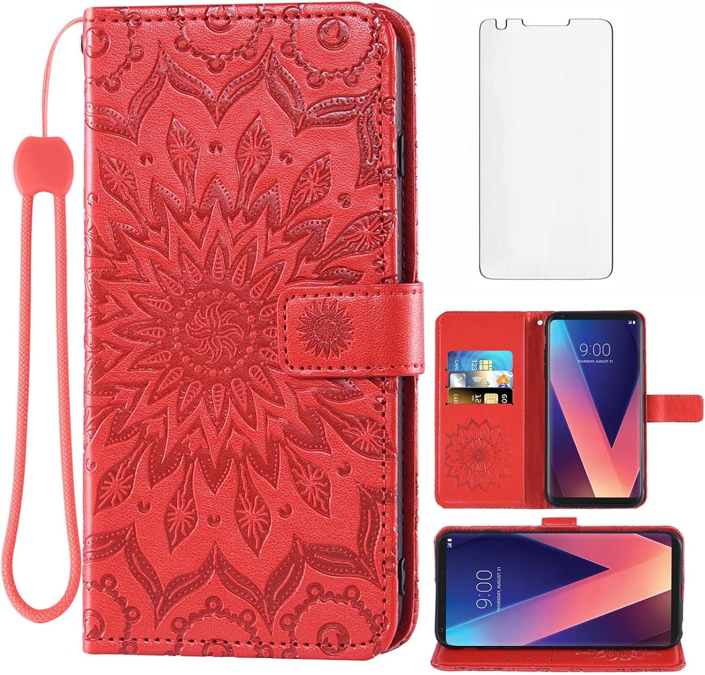 Phone Case for LG V35 Thinq V30 plus Wallet with Tempered Glass Screen Protector and Leather Flip Cover Card Holder Stand Cell Accessories LGV30 LGV35 LG30 LG35 V 30 35 V30+ V30S H931 Women Men Blue  Asuwish Red  