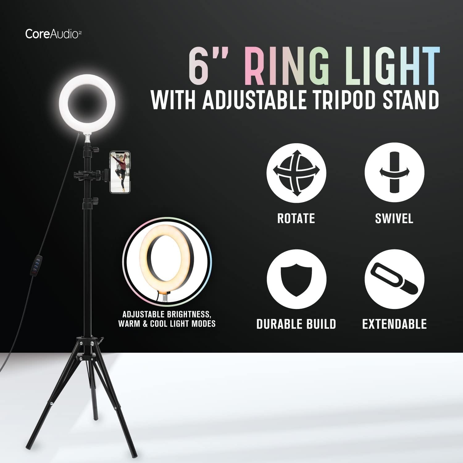 Coreaudio 6" Ring Light with Adjustable 5' Tripod Stand, LED Ring Selfie Light for Photography, Makeup, Vlogging, Photos, Video Recording, Tiktok, and Content Creator Essentials  iWorld LLC   