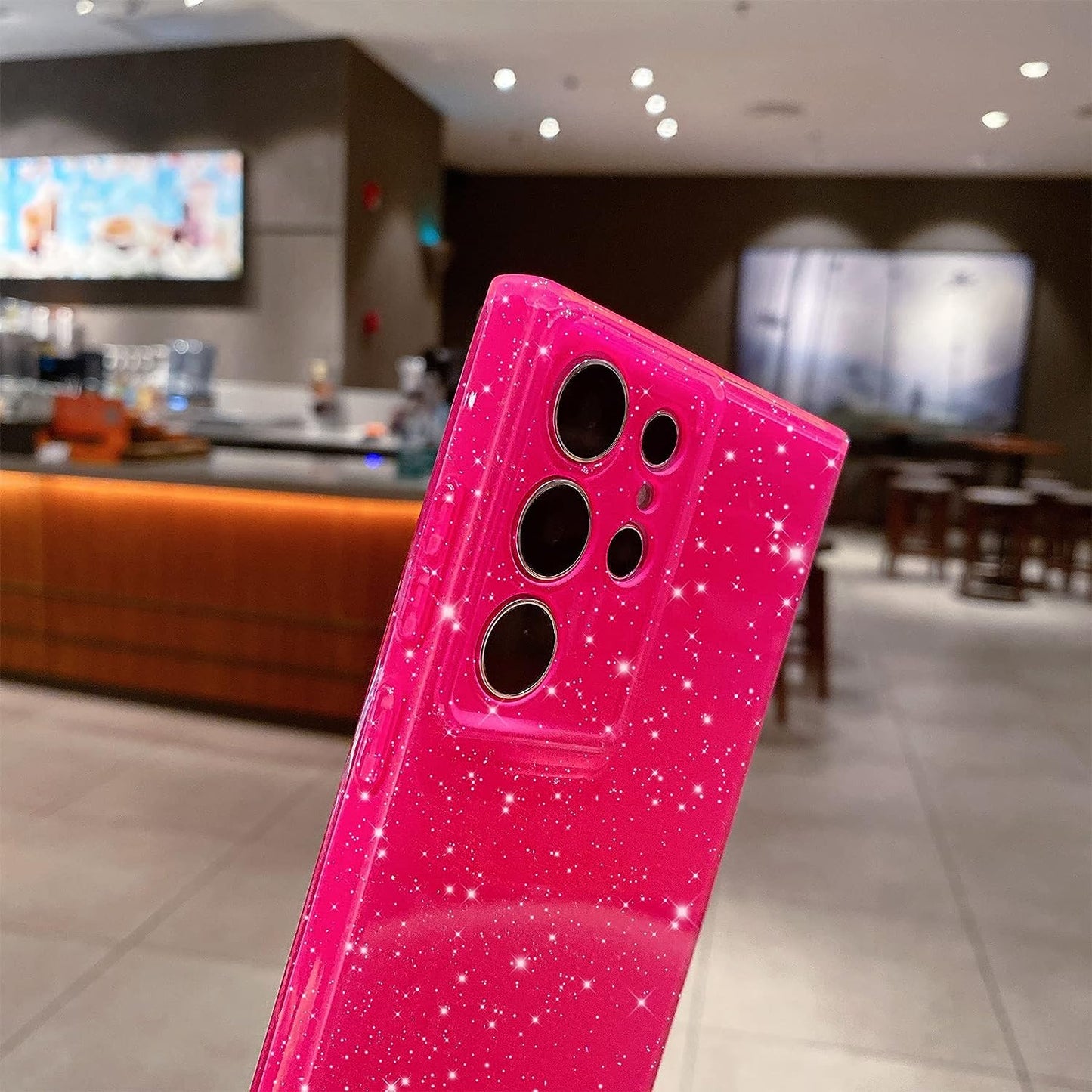 OWLSTAR Compatible with Samsung Galaxy S22 Ultra Case Cute Glitter Neon Bumper, Slim Flexible Protective Sparkly Bling Phone Cover for Women Girls (Hot Pink)  OWLSTAR   