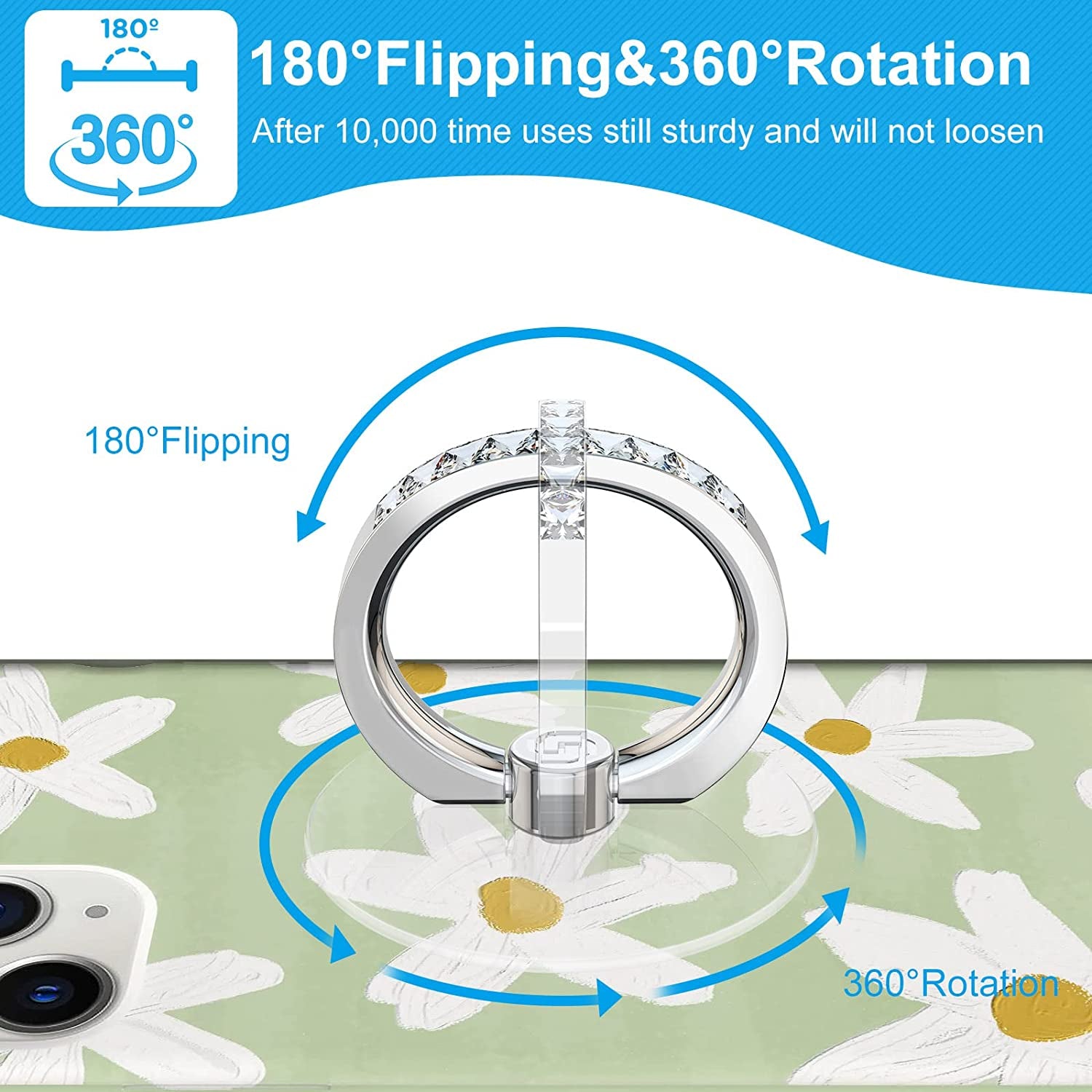 Transparent Phone Ring Holder 2 Pcs, Jsoerpay Clear Cell Phone Ring Holder with Diamond, Finger Grip 360°Rotation Compatible with Most of the Phones, Tablet and Case (Silver)  Jsoerpay   