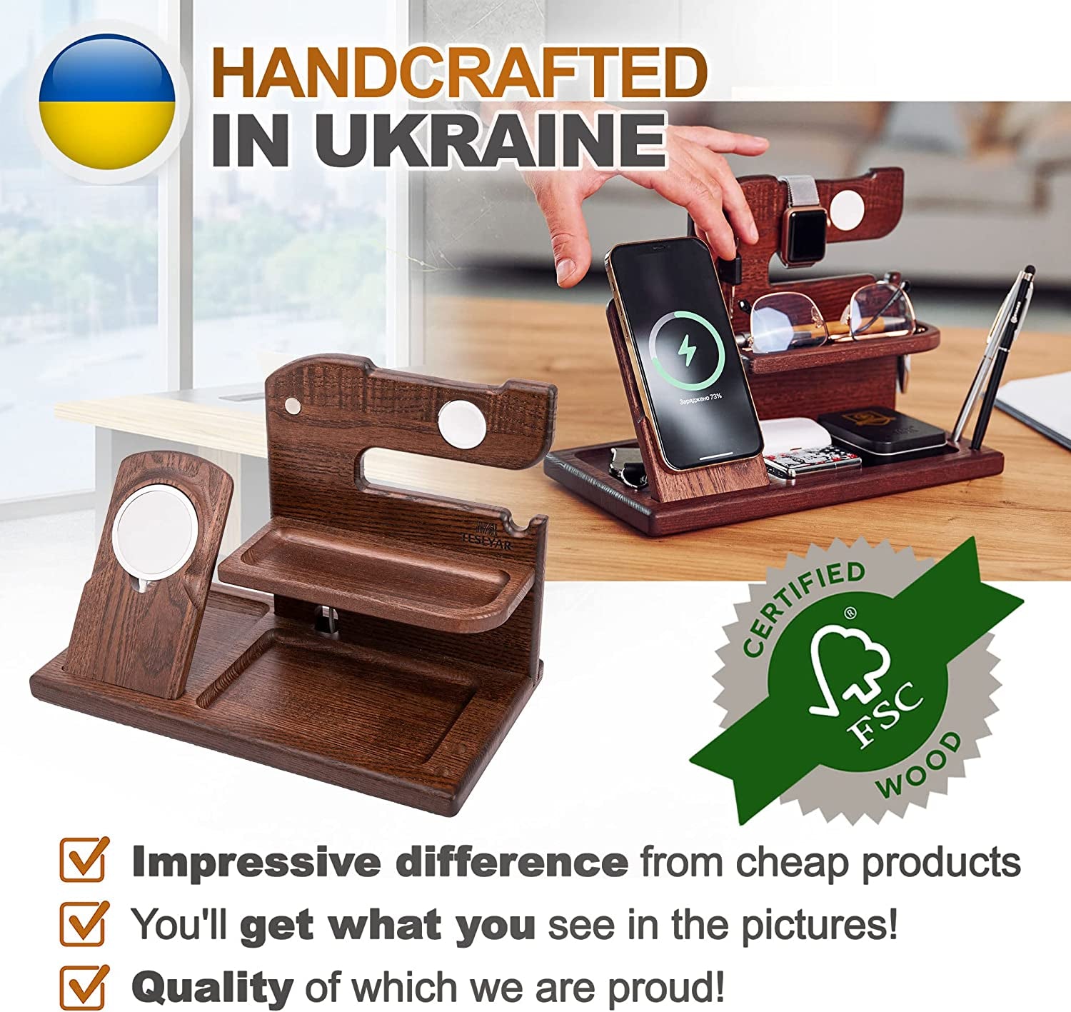 TESLYAR Wood Phone Docking Station Compatible with Magsafe and Iwatch Charger Xmas Gifts for Men or Dad for Husband Birthday Wife Nightstand Organizer Key Holder Wallet Solid Ash Brown  TESLYAR   