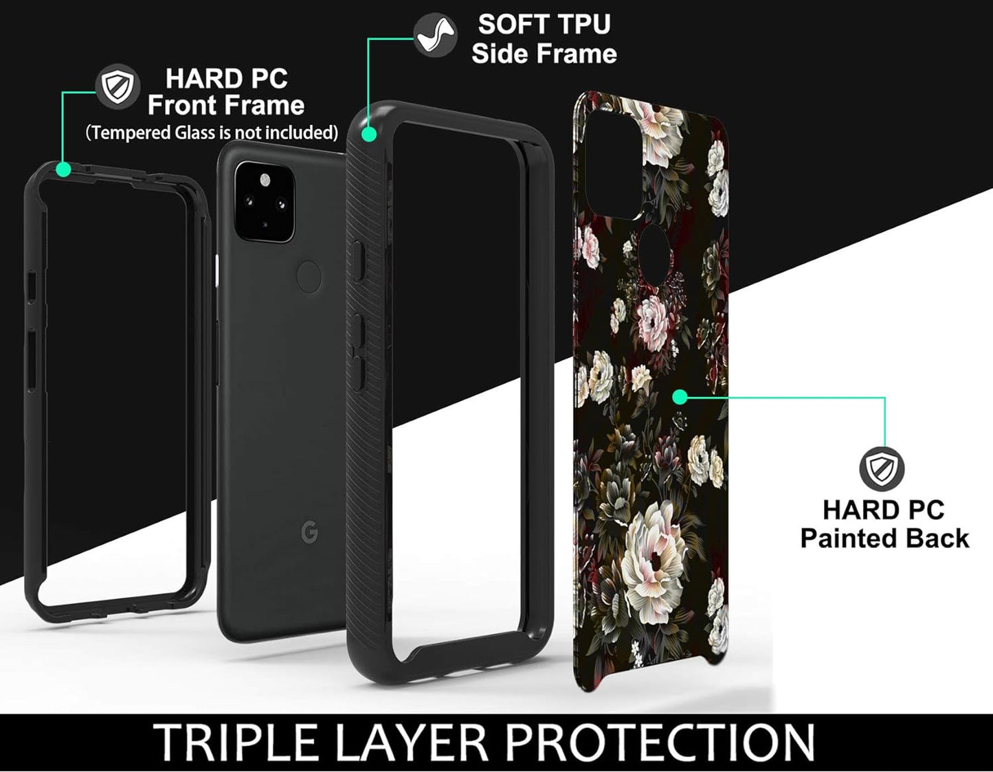 Shinymax Pixel 4A 5G Case with Roses Design,Google Pxiel 4A 5G Phone Case,Hybrid Triple Layer Armor Protective Cover Flexible Sturdy Anti-Scratch Shockproof Cute Case for Women and Girls-Flowers/Black  ShinyMax   