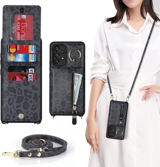 Jaorty Samsung Galaxy A53 5G Phone Case for Women with Card Holder,Samsung A53 Case Wallet Crossbody Lanyard with Strap,Credit Card Slots Kickstand Case with Ring Holder,6.5 Inch,Black Leopard  Jaorty   