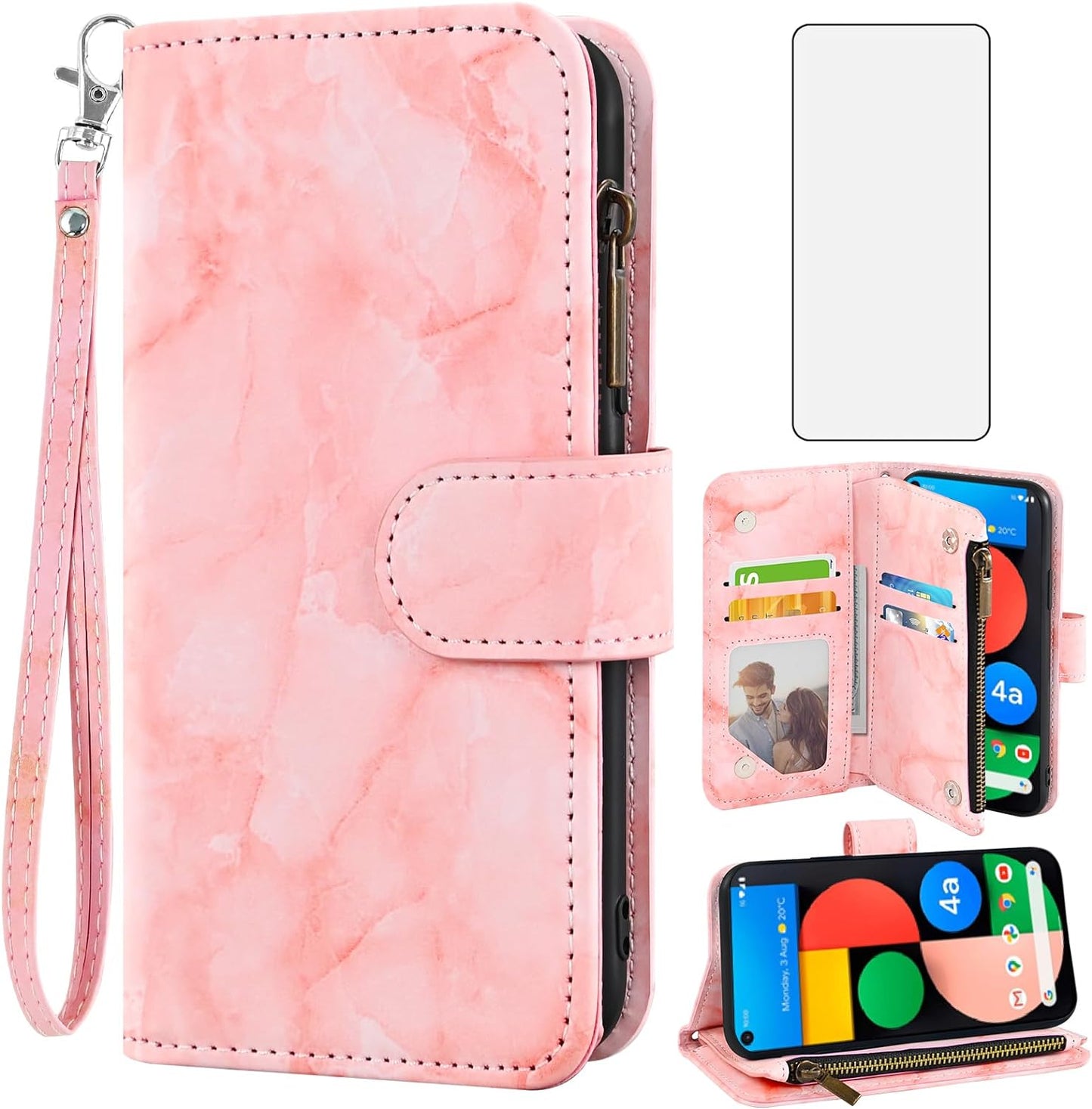 Asuwish Phone Case for Google Pixel 4A 5G 6.2 Wallet Cell Cover with Tempered Glass Screen Protector and Marble Leather Flip Credit Card Holder Slot Stand Pixel4A5G UW Pixel4A 5G Pixle A4 G5 4A5G Pink  Asuwish   