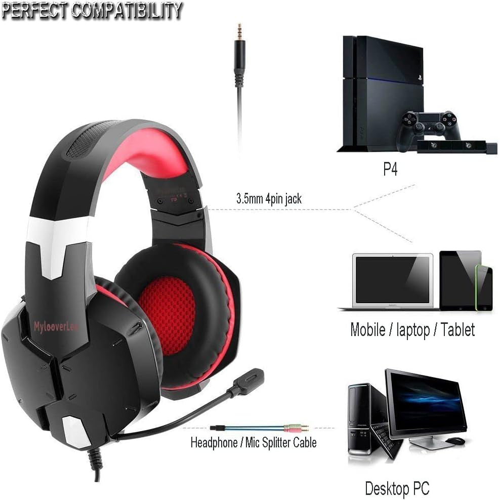 Mylooverleo Wired PC Gaming Headset over Ear Stereo Bass Headphone with Ambient Noise Reduction Mic 3.5Mm Plug Cable for PS4 PC Smart Phone (Red)  MeetLEO   
