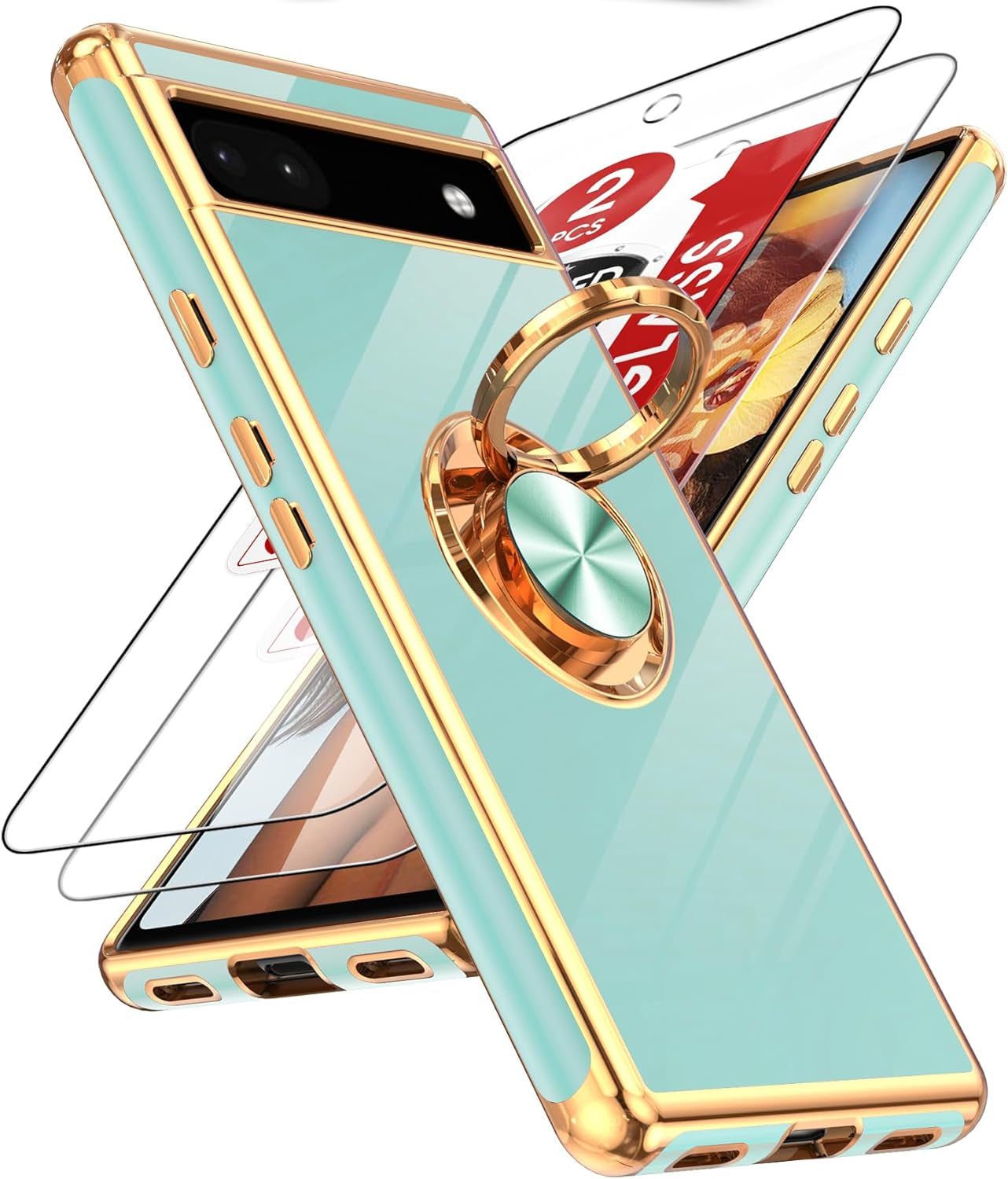 Leyi for Pixel 6A Case: with Tempered Glass Screen Protector [2 Pack] 360° Rotatable Ring Holder Magnetic Kickstand, Plating Rose Gold Edge Protective Google Pixel 6A Case, Pink  LeYi Mint Google Pixel 6A 