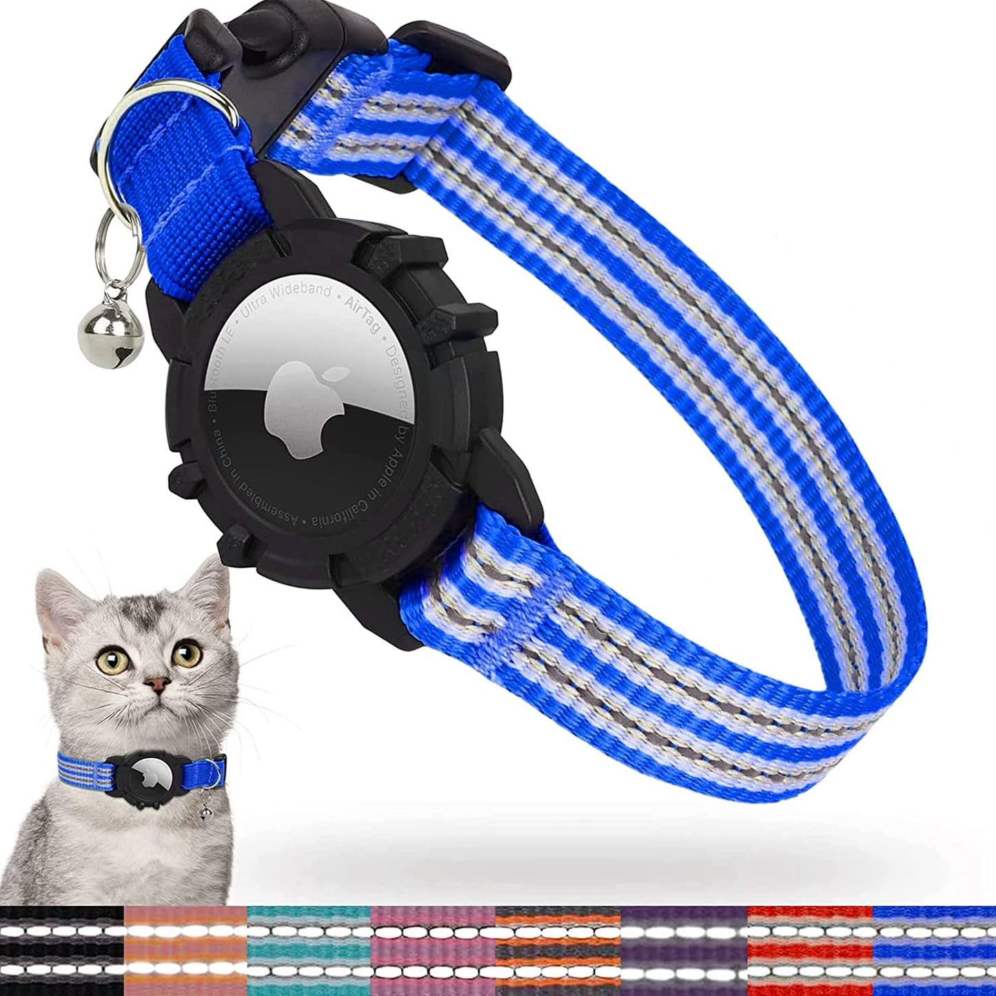 FEEYAR Airtag Cat Collar,Integrated Kitten Collar with Apple Airtag Holder, Reflective GPS Cat Collar with Bell[Pink], Lightweight Tracker Cat Collars for Girl Boy Cats, Kittens and Puppies  FEEYAR Blue 7-9 Inch 