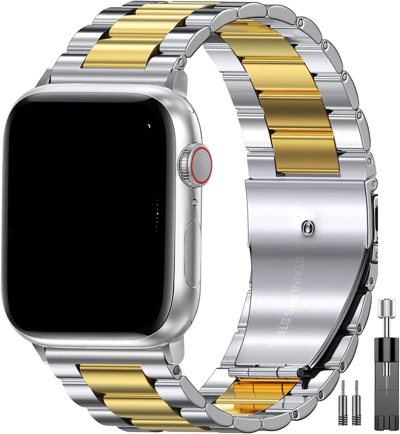 EPULY Compatible with Apple Watch Band 49Mm 45Mm 44Mm 42Mm 41Mm 40Mm 38Mm, Business Stainless Steel Metal Watchband for Iwatch Strap Ultra SE Series 8 7 6 5 4 3 2 1 Men (Black, 49Mm 45Mm 44Mm 42Mm)  EPULY Silver+Gold 45mm 44mm 42mm 49mm 