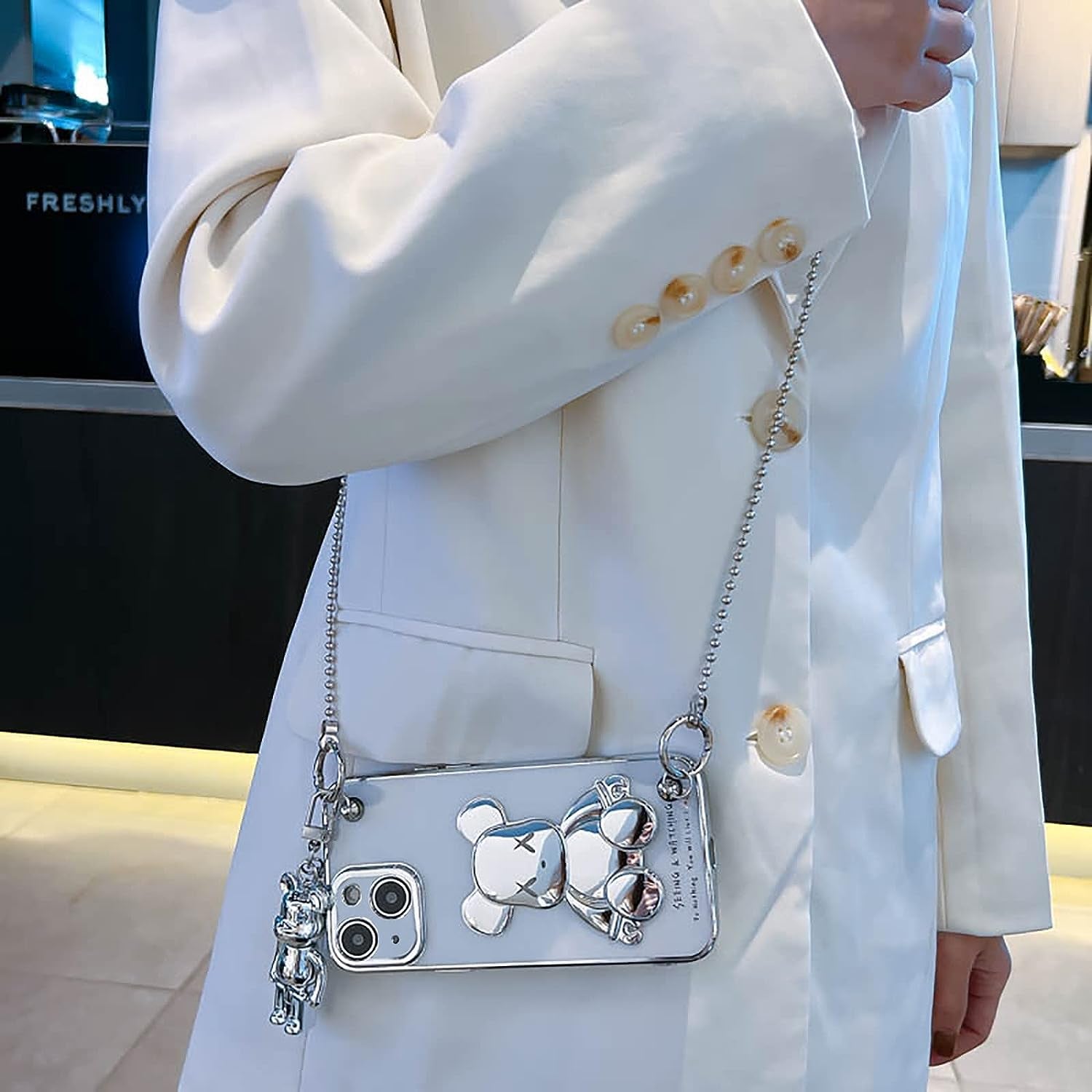 Aartvark Tees Cute Case for Iphone 13, Cartoon Silver Teddy Bear Sparkle Bling Cover with Metal Chain Strap Bell Pendant, Fashion Soft TPU Shockproof, Phone Case Suitable for Women & Girls  aartvark tees   