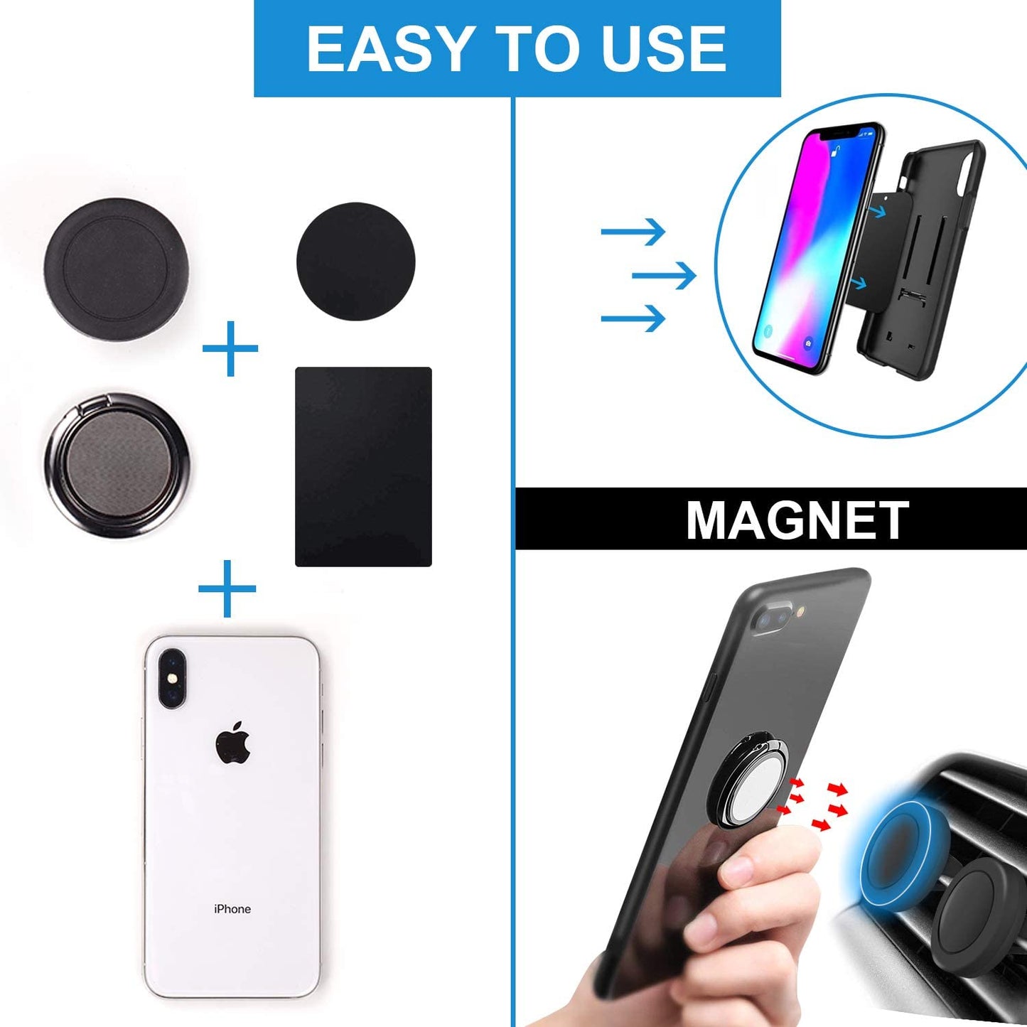 Rngeo Finger Ring Stand & Magnetic Mount Set, Pack of 4 Universal Thin 360 Degree Rotation Phone Rings & Air Vent Cell Phone Holder for Car, Compatible with All Iphone & Android Smartphones  Rngeo   