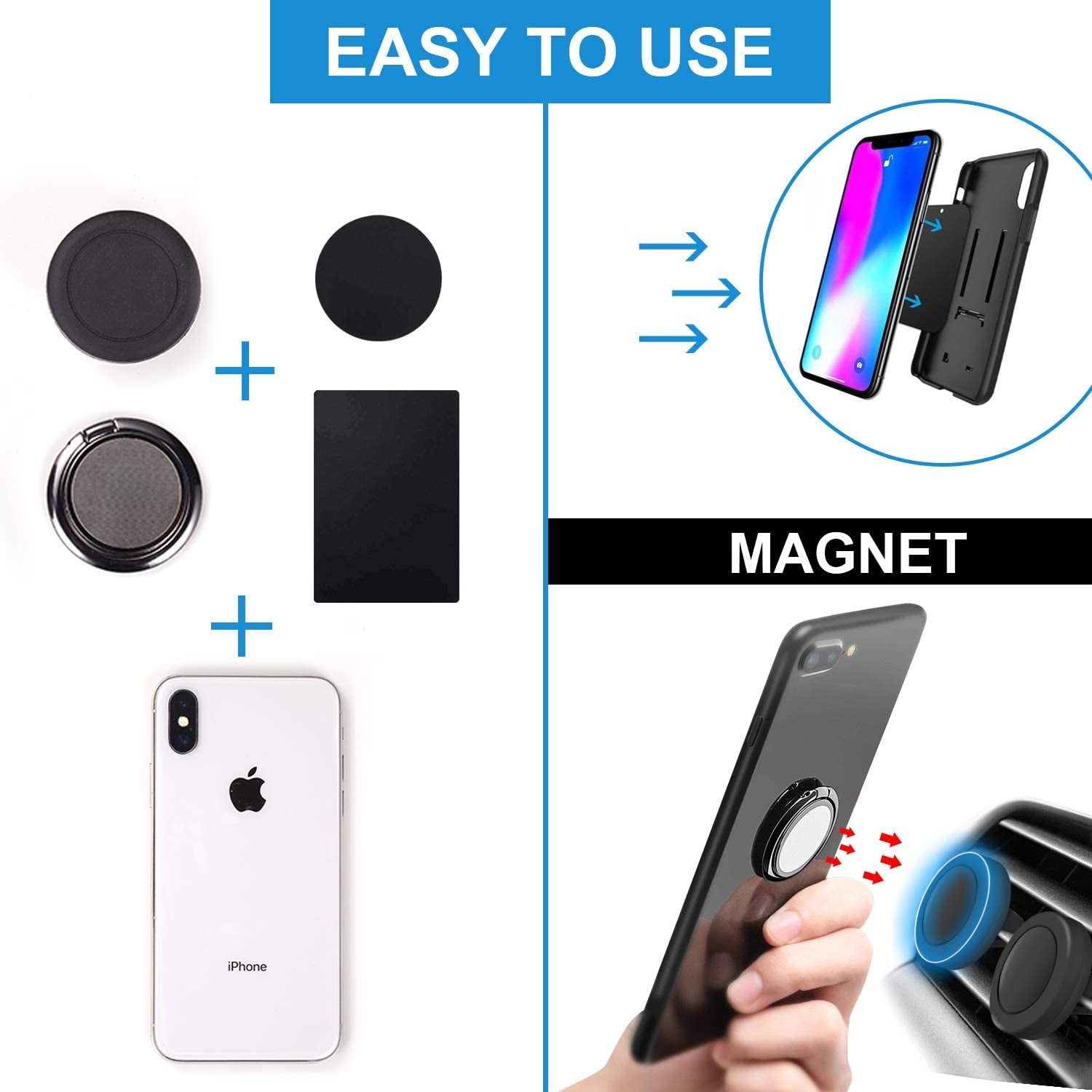 Rngeo Finger Ring Stand & Magnetic Mount Set, Pack of 4 Universal Thin 360 Degree Rotation Phone Rings & Air Vent Cell Phone Holder for Car, Compatible with All Iphone & Android Smartphones  Rngeo   