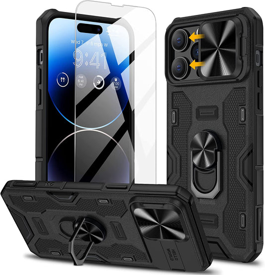 NULETO Case with Screen Protector & Stand & Slide Camera Cover, Full-Body Rugged Shockproof Protective Cover for Iphone 14 Pro Max Built-In 360° Rotate Ring Kickstand - Black  Nuleto   