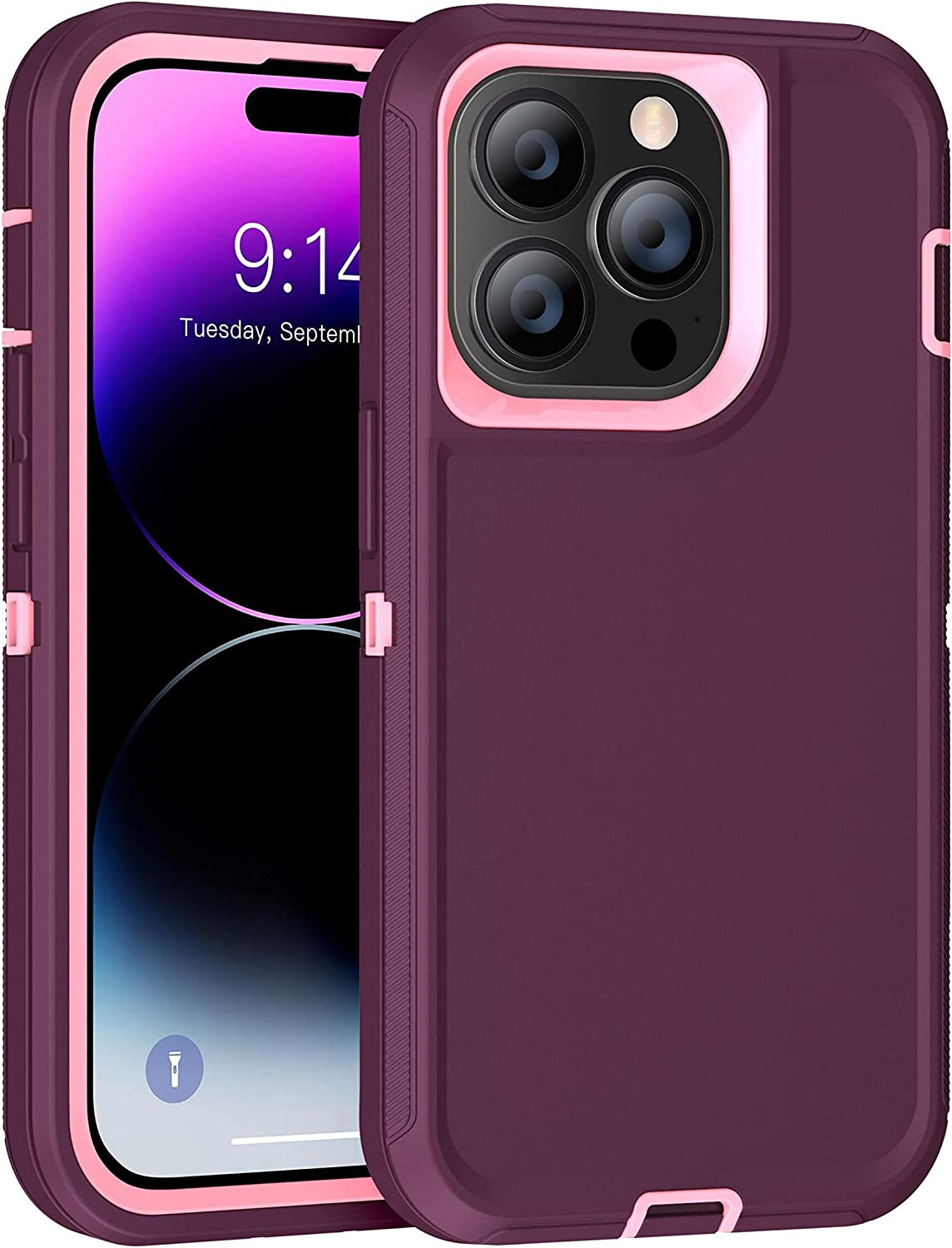 MXX Iphone 14 Pro Heavy Duty Case, 3-Layer Full Body Protection, Tempered Glass and Camera Lens Protector (Plum/Light Pink)  MXx Accessories LLC   