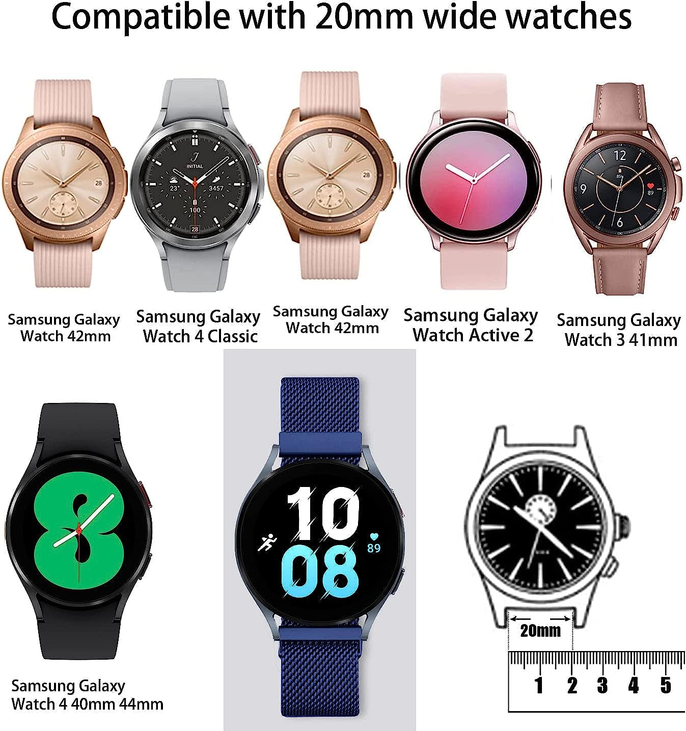 Liwerlly Bands for Galaxy Watch 5/4 Band 40Mm 44Mm/Watch 5 Pro Band, 20Mm Stainless Steel Mesh Replacement Strap Women Men for Samsung Watch 5/5 Pro/ 4 Classic 42Mm/Active 2/3 41Mm  LiWerlly   