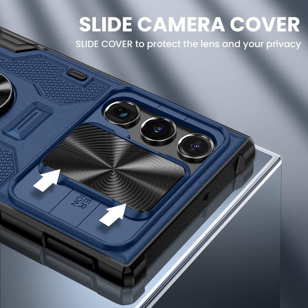 VEGO Compatible for Galaxy S22 Ultra Stand Case with Slide Camera Cover, Built-In 360° Rotate Magnetic Ring Stand Heavy Duty Protective Cover Case for Samsung Galaxy S22 Ultra 5G 6.8 Inch 2022 - Blue  VEGO   