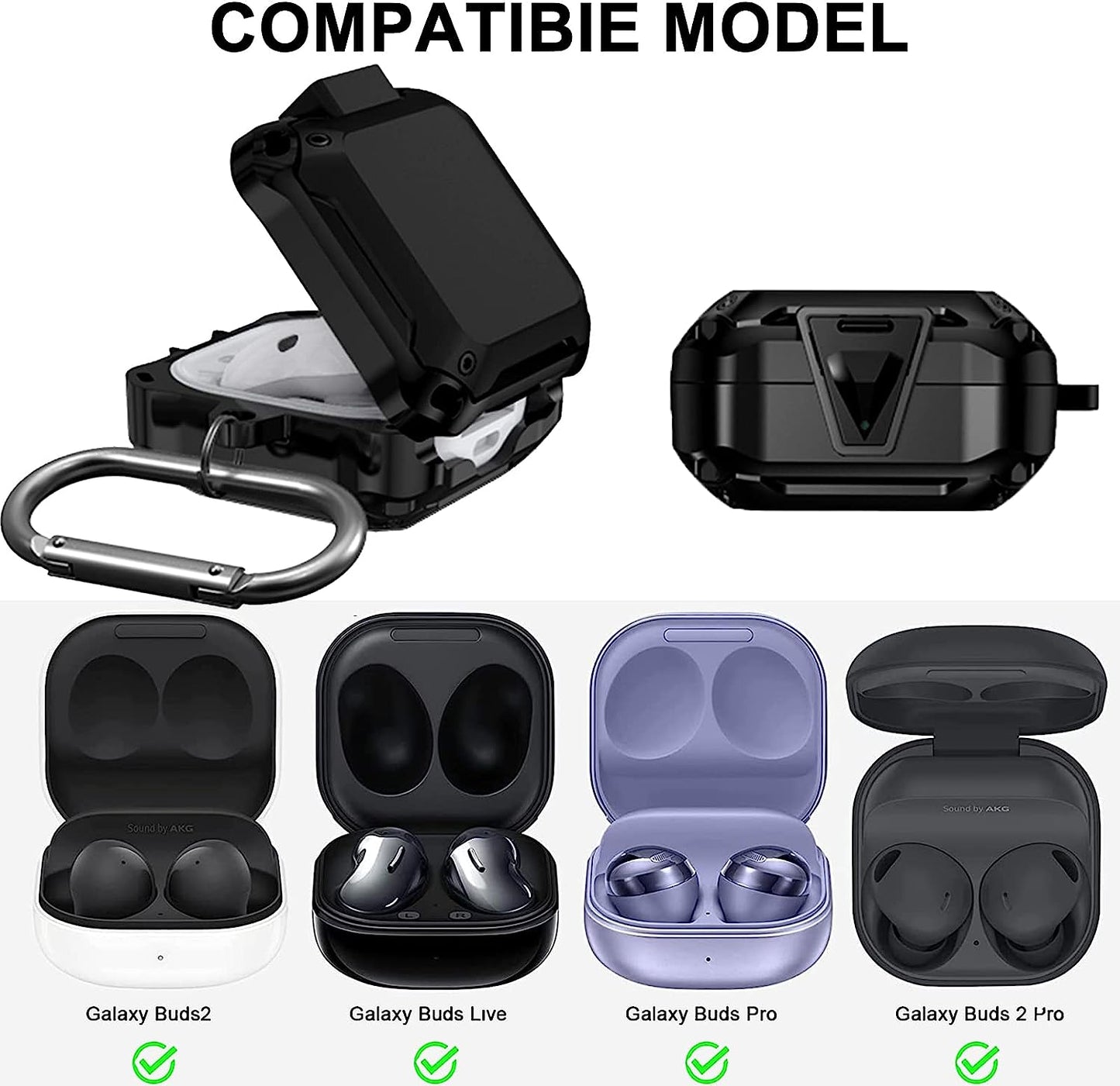 [Upgrade Secure Lock] Case for Samsung Galaxy Buds 2 Pro/Galaxy Buds 2/Galaxy Buds Pro/Galaxy Buds Live, Shock-Absorbing Protective Armor Cover TPU Hard Shell with Carabiner,Black  VAEKNVG   