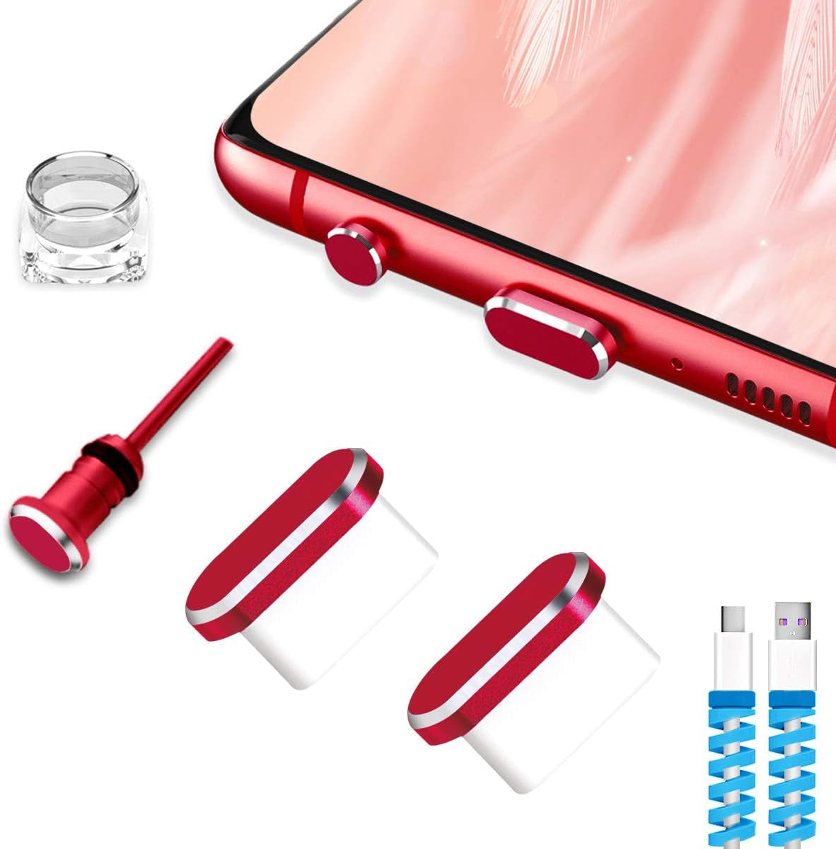 VIWIEU USB Type C Dust Plugs Charging Port Cover Caps with Earphone Jack Pin and Cable Protectors 2 Pack Compatible with Samsung Galaxy S22/S21/S20+ Ultra/Z Flip 4/Z Fold 4, Pixel 6A Oneplus 10T Black  VIWIEU Red  