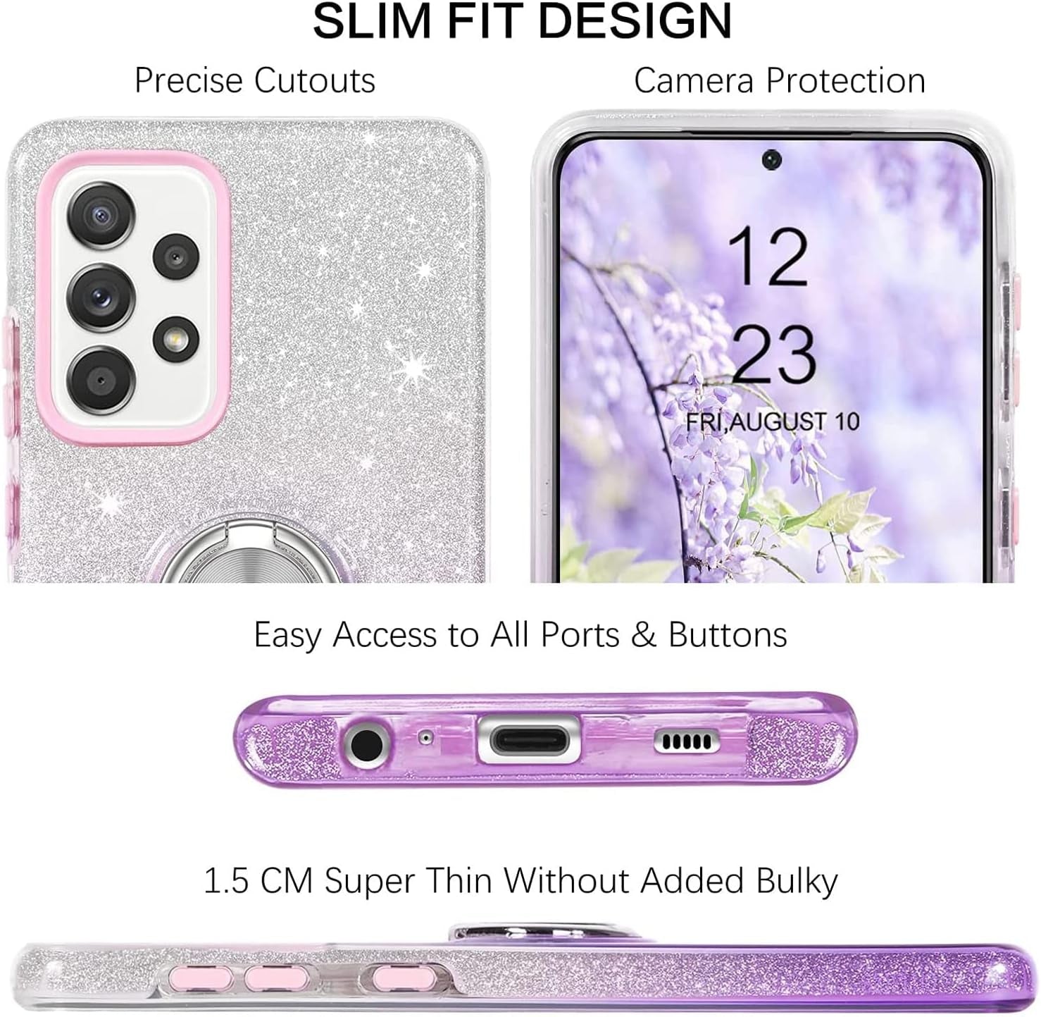 TJS Compatible with Samsung Galaxy A53 5G Case, with Tempered Glass Screen Protector, Metal Ring Magnetic Support Kickstand Tone Shinny Glitter Girls Women Protector Phone Case (Purple)  TJS   