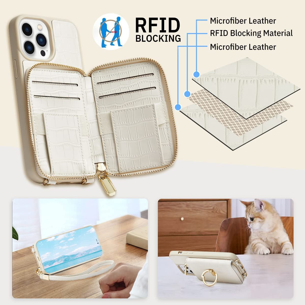 CUSTYPE for Iphone 14 Pro Max Magsafe Case Wallet with Strap Wrist for Women, Crossbody Zipper Case with Card Holder, [Compatible with Wireless Charging] Protective Case Purse with Ring 6.7Inch, Beige  C CUSTYPE   