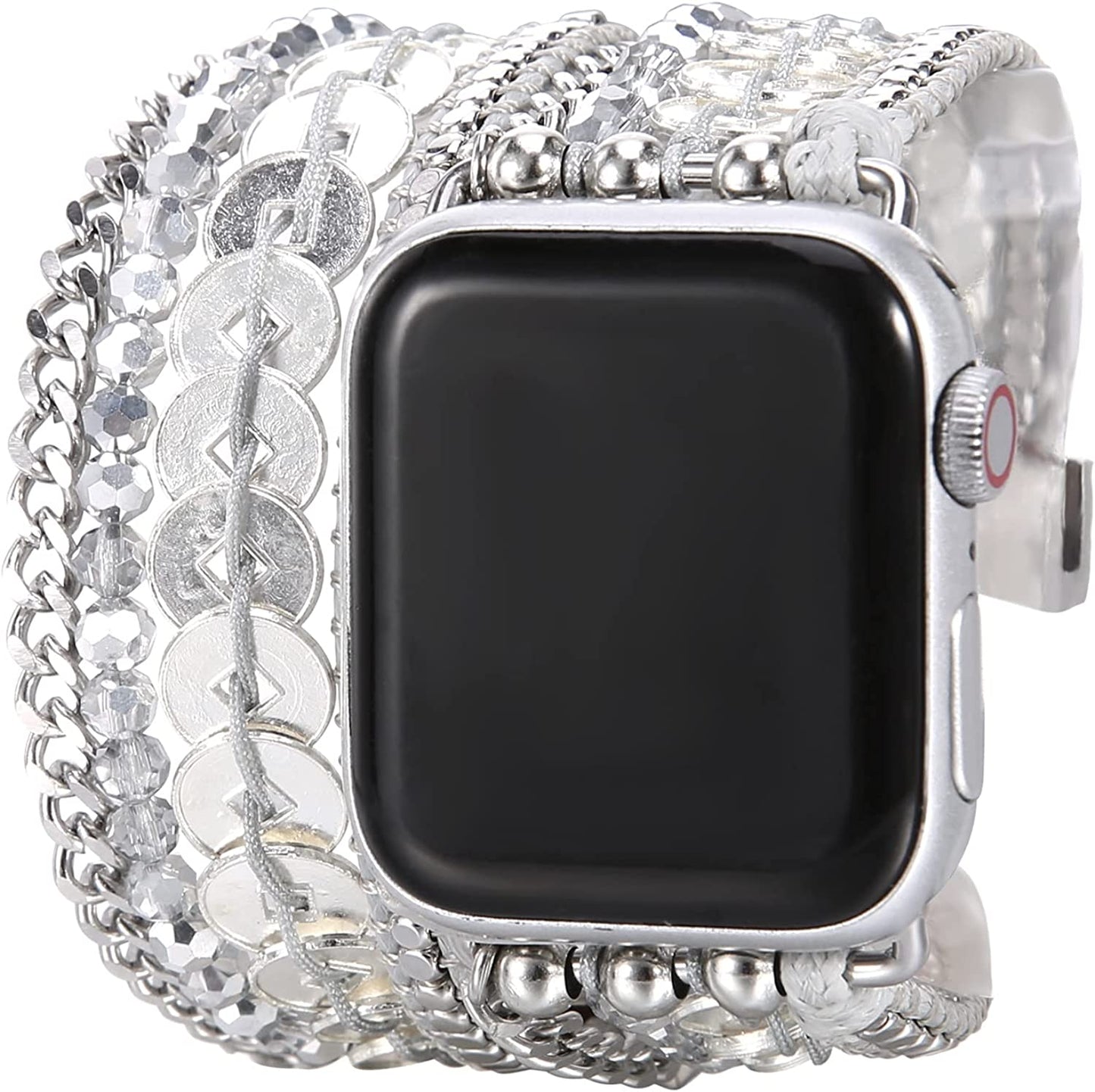 BOKIIWAY Boho Watch Bracelet Compatible with Apple Watch Series 8/7/6/5/4/3/2/1/SE – Bohemian Watch Band for Women – Handmade Braided Leather Watch Strap with Crystal Beads – Greyscale Modern Watch Strap  BOKIIWAY Silver 42/44/45mm 