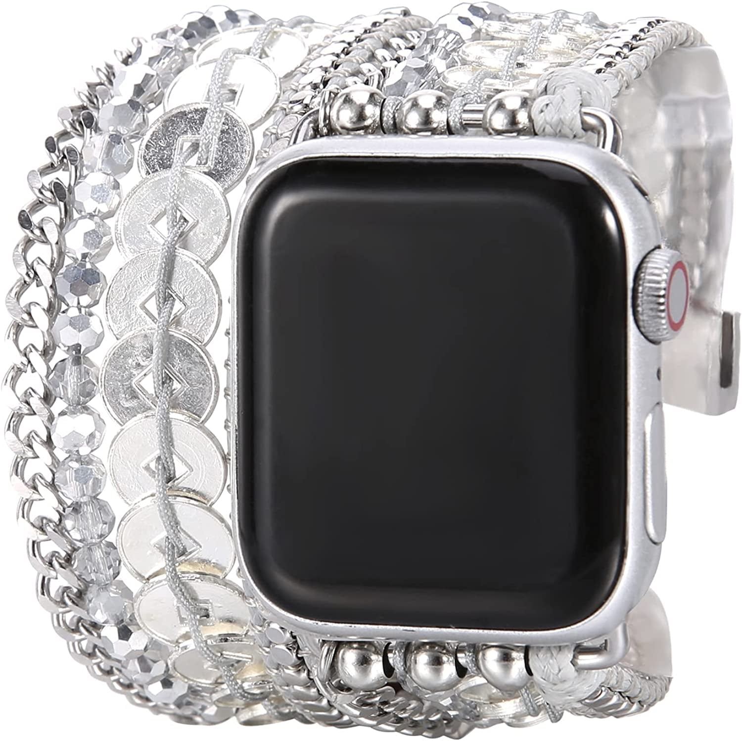 BOKIIWAY Boho Watch Bracelet Compatible with Apple Watch Series 8/7/6/5/4/3/2/1/SE – Bohemian Watch Band for Women – Handmade Braided Leather Watch Strap with Crystal Beads – Greyscale Modern Watch Strap  BOKIIWAY Silver 42/44/45mm 