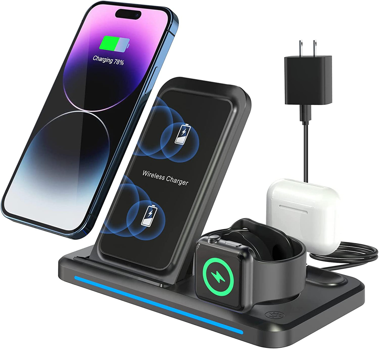 Charging Station for Apple Multiple Devices, 3 in 1 Fast Wireless Charger Foldable for Iphone 14/13/12/11/Pro/Xs/Xs Max/Xr/X/Se/8/8 plus Apple Watch 8/7/6/SE/5/4/3/2 Airpods 3/2/Pro with Adapter  Bauhoo Black1  