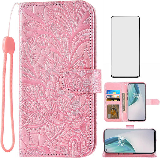 Asuwish Phone Case for Oneplus Nord N200 5G with Screen Protector and Lace Wallet Cover Flip Card Holder Stand Cell Accessories One plus N 200 G5 1 plus 200N 1Plus One+ 1+ N2005G 2021 Women Rose Gold  Asuwish   