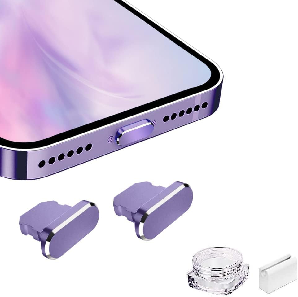 VIWIEU Metal anti Dust Plug Compatible with Iphone 14 13 12 11 X XS XR 8 7 SE Mini plus Pro Max Ipad Airpods, 2 Pack Lightning Charging Port Cover Protectors with Plug Holder and Storage Box (Black)  VIWIEU 07 Deep Purple 2 PCS 