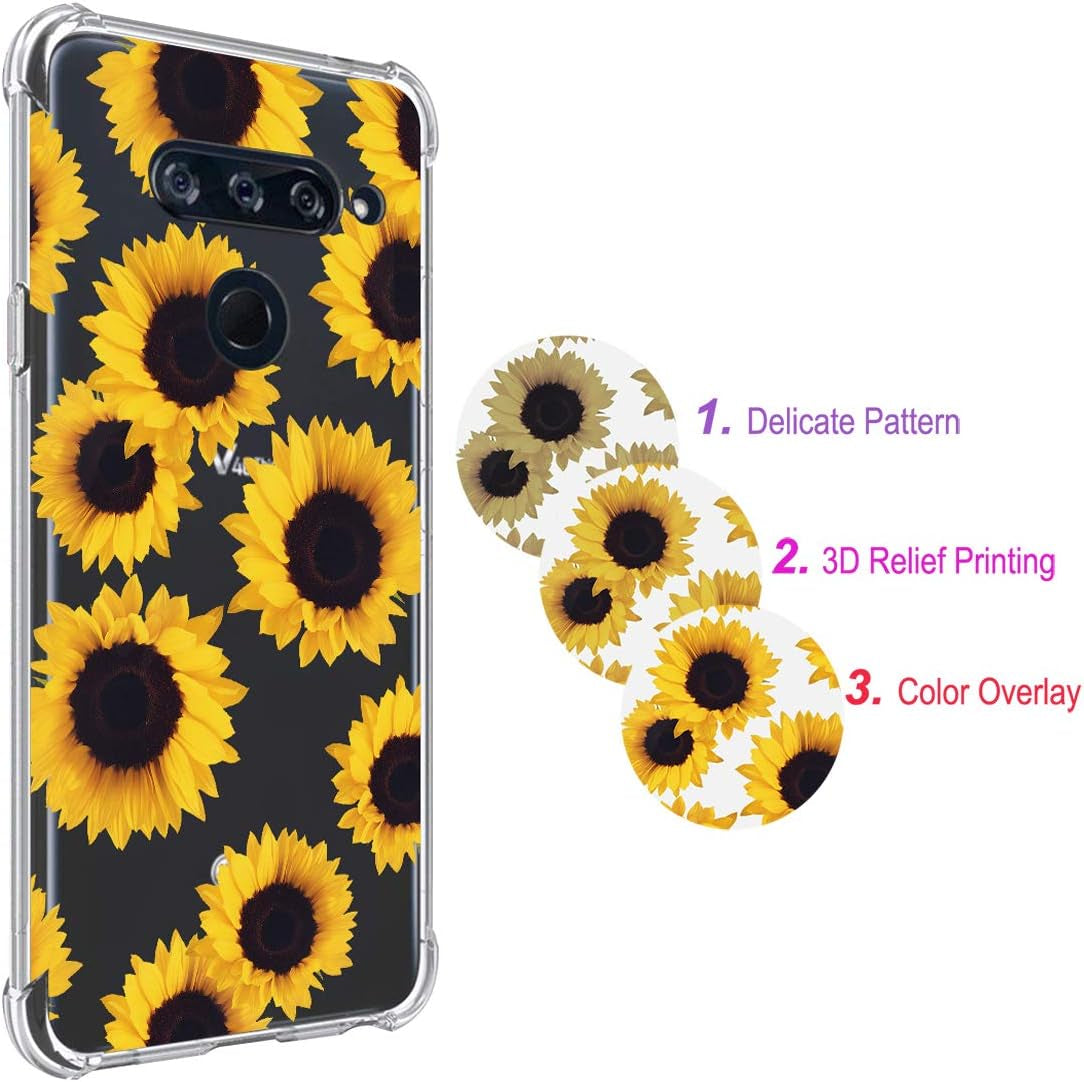 Sidande for LG V40 Case, for LG V40 Thinq Case with Flowers, Shockproof Clear Floral Soft Flexible TPU Slim Phone Case Cover for LG V40/For LG V40 Thinq 2018 (Sunflower)  sidande   