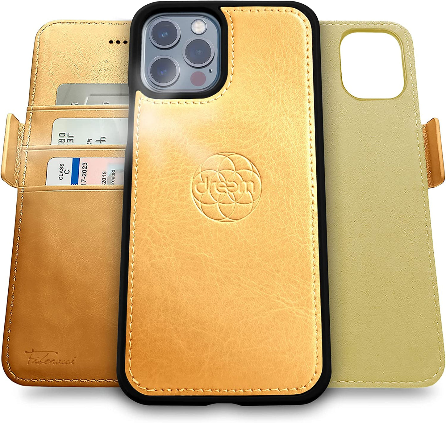 Dreem Fibonacci 2-In-1 Wallet Case for Apple Iphone 13 Pro Max - Luxury Vegan Leather, Magnetic Detachable Shockproof Phone Case, RFID Card Protection, Magsafe Compatible - Coffee  Dreem Gold iPhone 13 Pro Max 