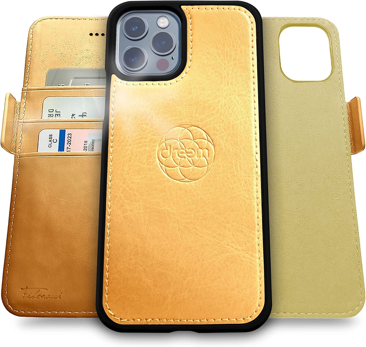 Dreem Fibonacci 2-In-1 Wallet Case for Apple Iphone 13 Pro Max - Luxury Vegan Leather, Magnetic Detachable Shockproof Phone Case, RFID Card Protection, Magsafe Compatible - Coffee  Dreem Gold iPhone 13 Pro Max 
