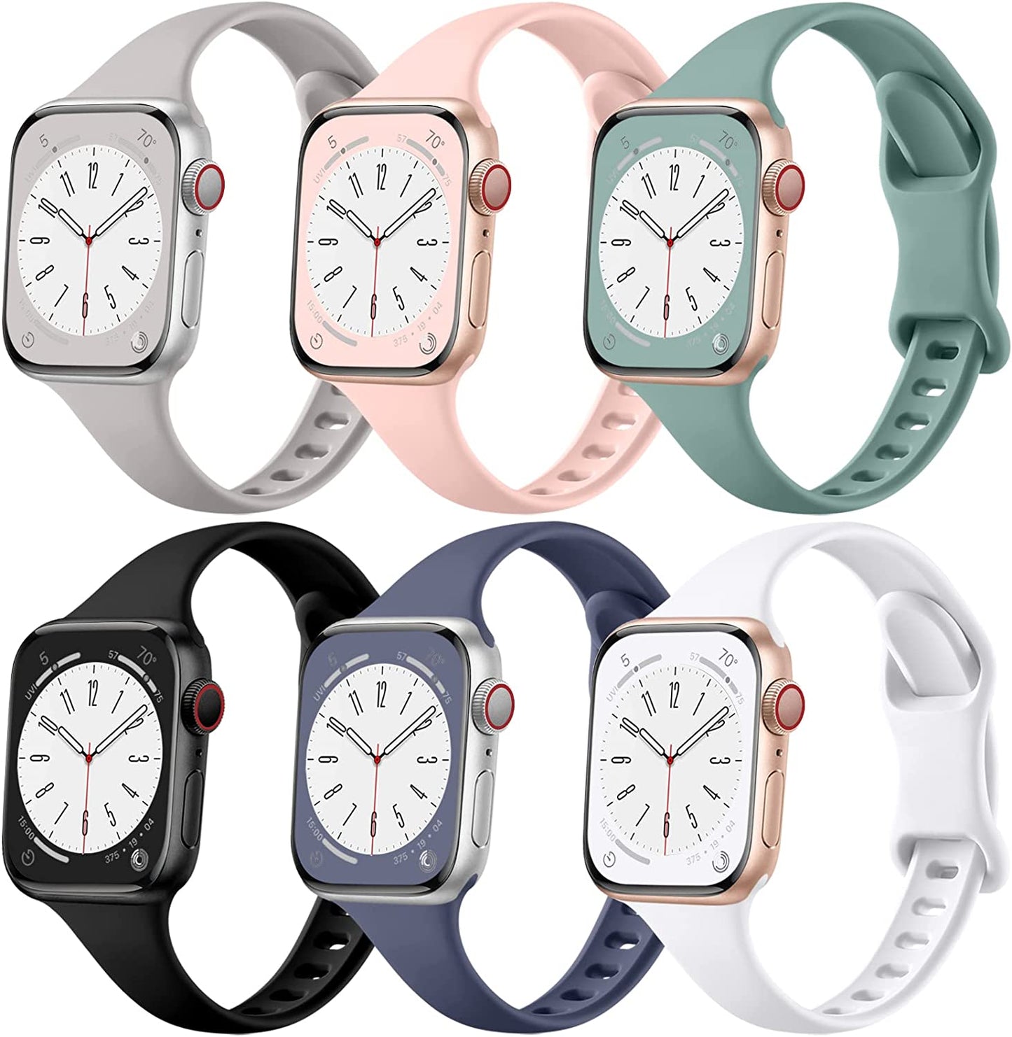 Lerobo 6 Pack Slim Bands Compatible with Apple Watch Band 40Mm 38Mm 44Mm 42Mm 41Mm 45Mm for Women Men, Soft Silicone Waterproof Sport Strap Replacement Wristbands for Iwatch Series 7 6 5 4 3 2 1 SE  Hina-US Black/ Sand Pink/ Blue Gray/ Light Gray/ Pine Green/ White 42mm/44mm/45mm/49mm 