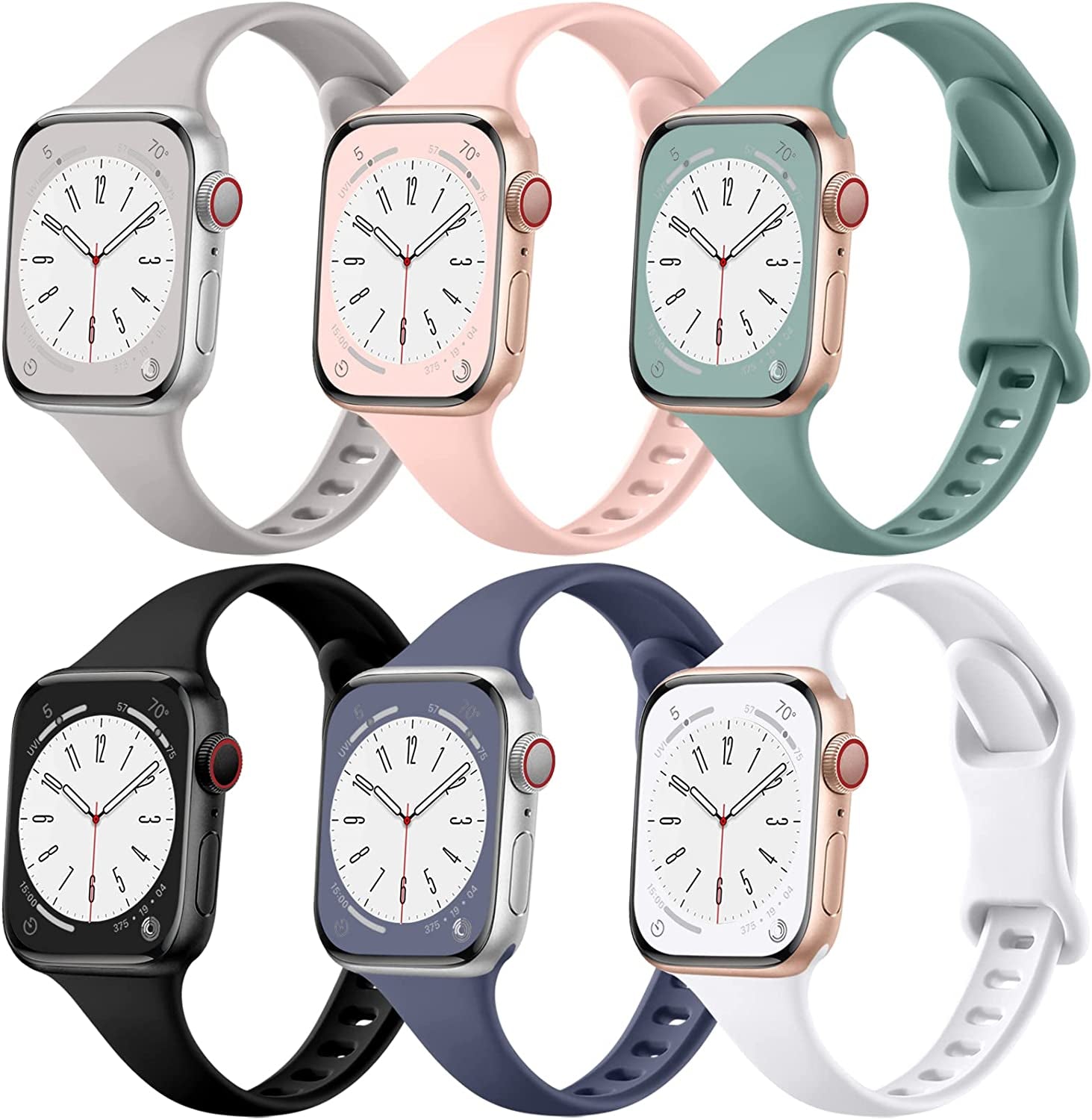 Lerobo 6 Pack Slim Bands Compatible with Apple Watch Band 40Mm 38Mm 44Mm 42Mm 41Mm 45Mm for Women Men, Soft Silicone Waterproof Sport Strap Replacement Wristbands for Iwatch Series 7 6 5 4 3 2 1 SE  Hina-US Black/ Sand Pink/ Blue Gray/ Light Gray/ Pine Green/ White 42mm/44mm/45mm/49mm 