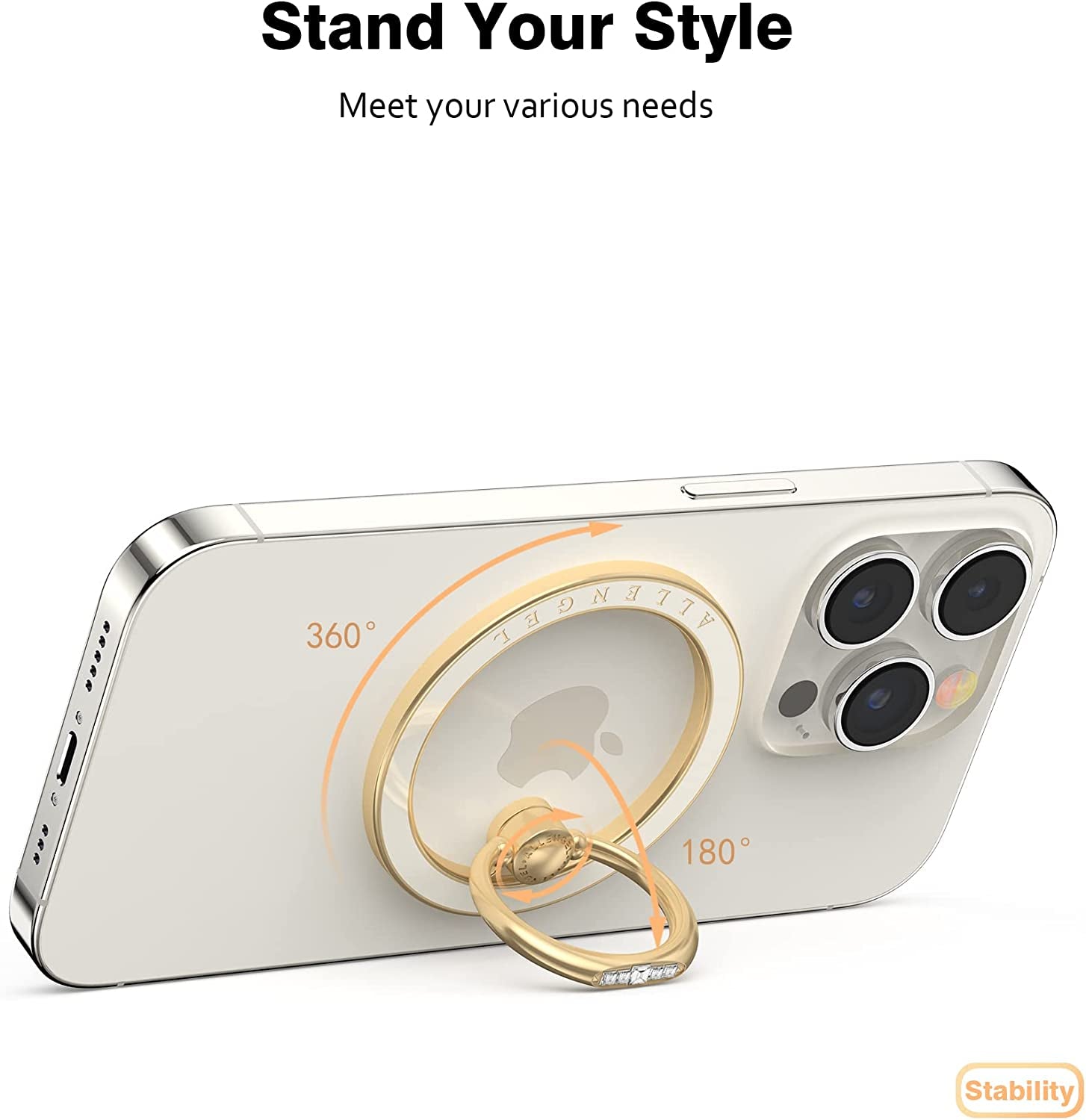 Compatible with Magsafe Phone Grip Stand, Allengel Magnetic Phone Ring Holder with Finger Kickstand for Smartphone, Luxury Gold White  Allengel   