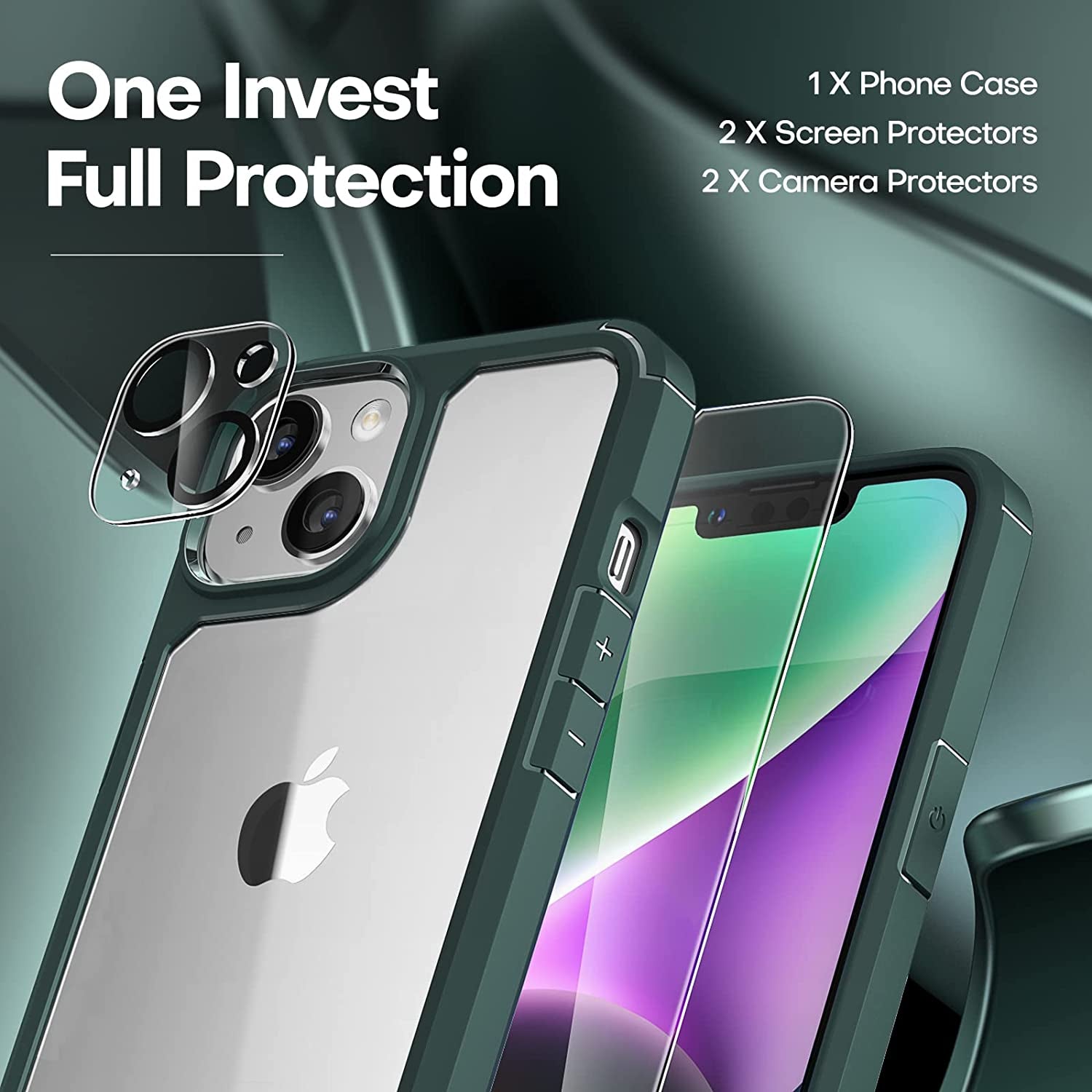 TAURI [5 in 1 Designed for Iphone 14 plus Case, [Not-Yellowing] with 2X Tempered Glass Screen Protector + 2X Camera Lens Protector, [Military-Grade Drop Protection] Slim Phone Case 6.7 Inch Green  TAURI   