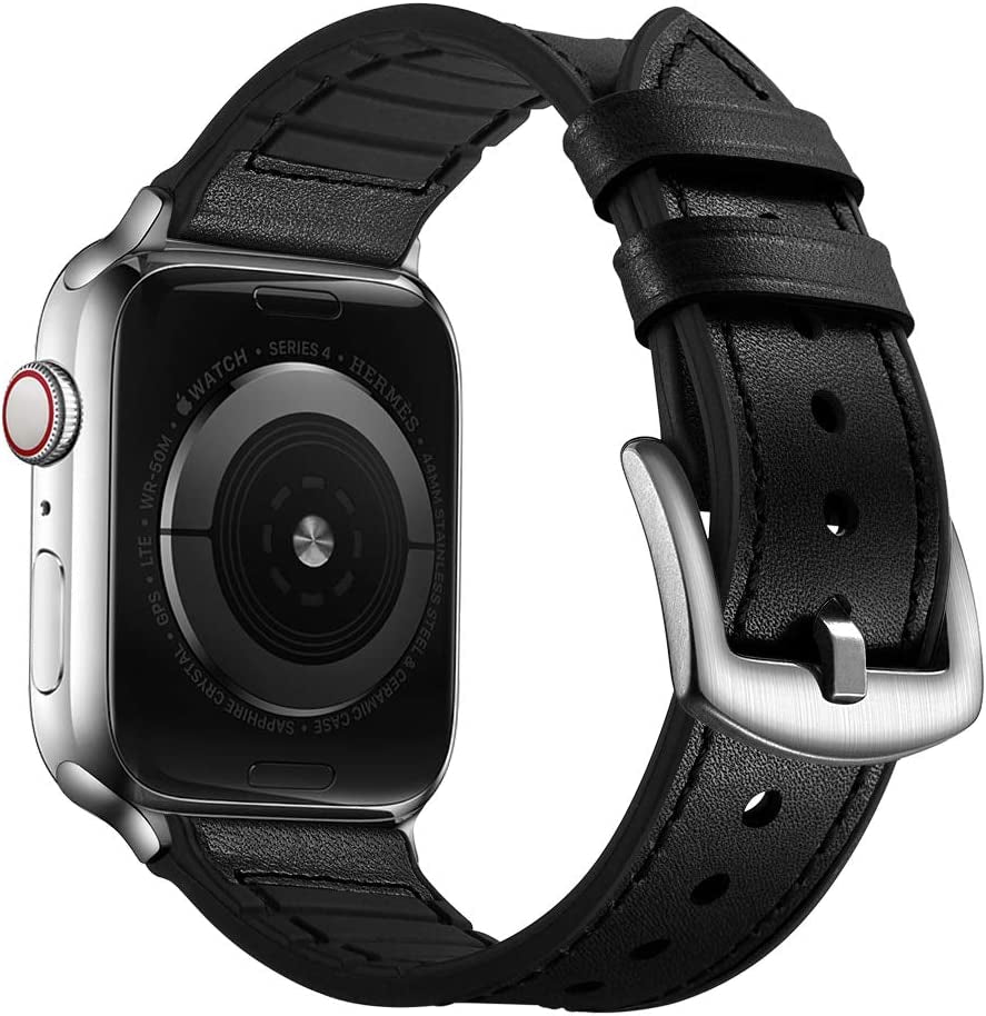 OUHENG Compatible with Apple Watch Band 49Mm 45Mm 44Mm 42Mm, Sweatproof Genuine Leather and Rubber Hybrid Band Strap for Iwatch Ultra Series 8 7 6 5 4 3 2 1 SE2 SE, Brown Band with Black Adapter  OUHENG Black/Silver 41mm/40mm/38mm 