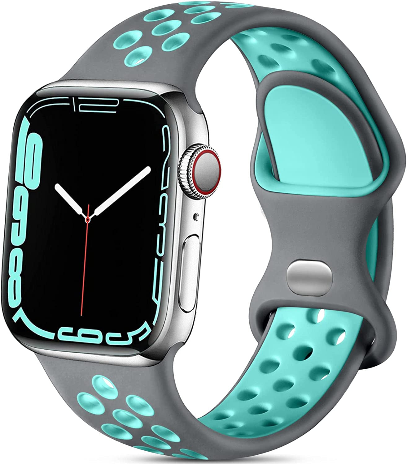 Lerobo Sport Band Compatible with Apple Watch Band 38Mm 40Mm 41Mm 45Mm 44Mm 42Mm for Women Men,Soft Silicone Sport Breathable Wristband Replacement Strap Compatible for Iwatch SE Series 7 6 5 4 3 2 1  PJStore-US Gray/Teal 38mm/40mm/41mm S/M 