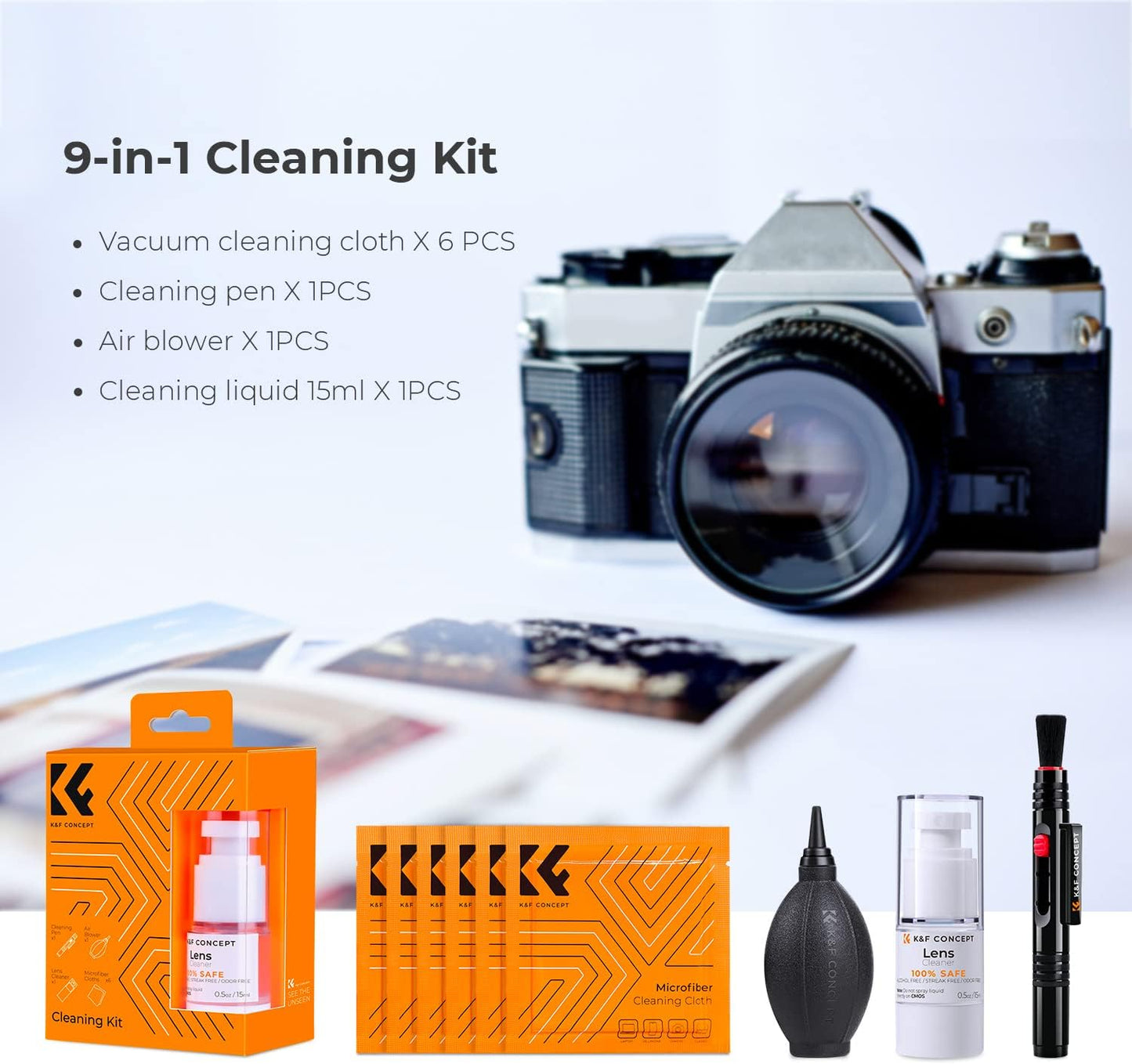 K&F Concept 9-In-1 Camera Lens Cleaning Kit for DSLR Camera Lens Filter Cell Phones with Air Blowing, Vacuum Cleaning Cloth*6, 15Ml Cleaning Cloths Liquid, Lens Cleaning Pen  Shenzhen Zhuoer Photograph   