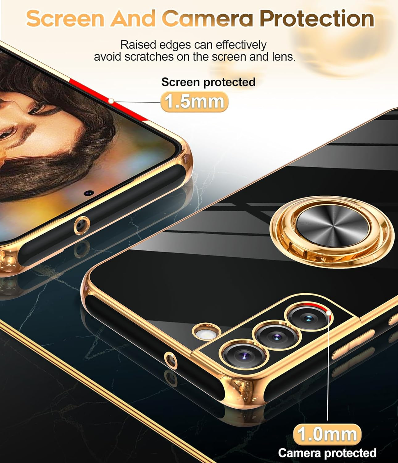 Leyi for Samsung Galaxy S22 plus Case 360° Rotatable Ring Holder Magnetic Kickstand, Plating Rose Gold Edge Protective Galaxy S22 Plus/ S22+ Case, Black  LeYi   