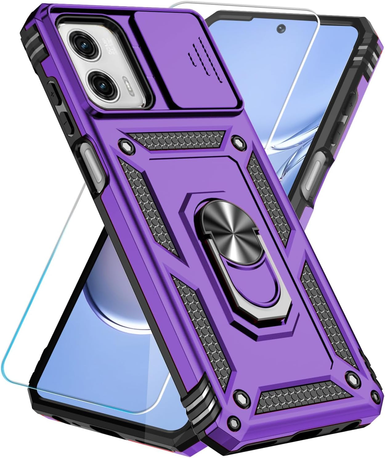 Sunstory for Motorola Moto G Power 5G 2023 Case with Tempered Glass Screen Protector & Slide Camera Cover & Kickstand, [Military-Grade] Phone Case for Moto G Power 5G 2023 (Gold)  SunStory Purple  