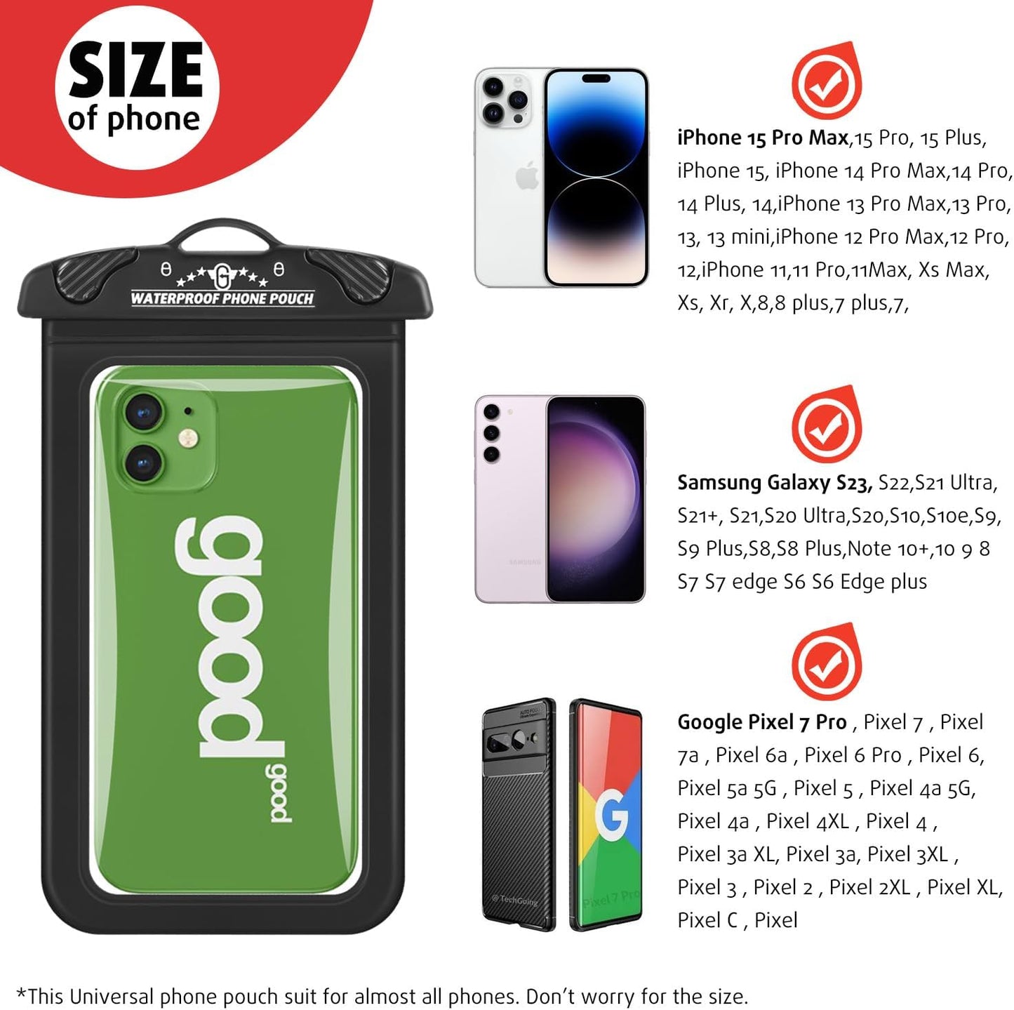 Waterproof Phone Pouch 2 Pack, 100% Waterproof Large Phone Dry Bag for Iphone 15 Pro Max, Iphone 14 Pro Max, 13 Pro Max, Samsung Galaxy S23 Ultra, Google Pixel 6 Pixel and Other Phones Black  G.CATACC   