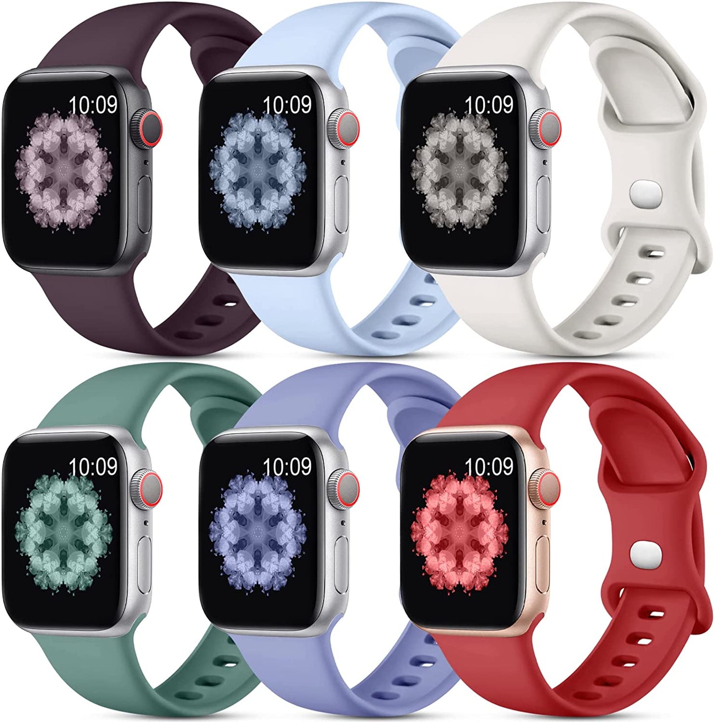 SNBLK [6 Pack] Compatible with Apple Watch Band 38Mm 40Mm 41Mm 42Mm 44Mm 45Mm 49Mm for Women Men, Soft Silicone Wrist Bands Sport Strap Compatible for Iwatch Series 8 7 6 5 4 3 2 1 SE Ultra  SNBLK DarkChery/PineGreen/Red/Lavender/SkyBlue/Starlight 38mm/40mm/41mm 