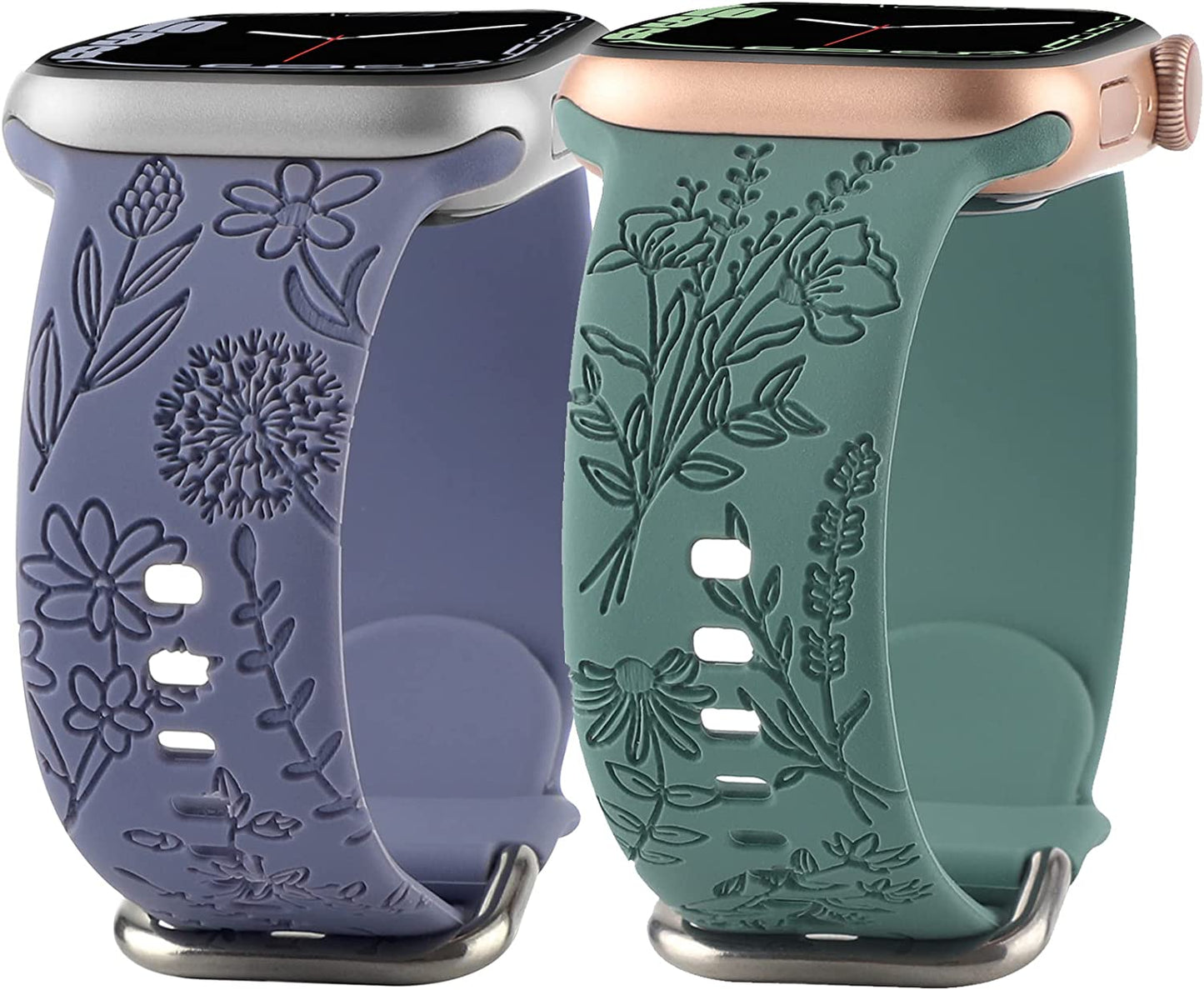 Flower Engraved Silicone Band Compatible with Apple Watch Bands 38Mm 40Mm 41Mm, Cute Women Wildflowers Floral Design Soft Sport Strap Replacement Wristbands for Iwatch Series 8 7/SE/6/5/4/3/2/1  FERJITGR Green Lavender 38/40/41mm 