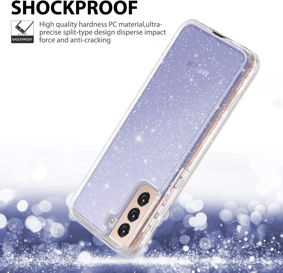 Lamcase for Galaxy S21 5G Case, Crystal Clear Glitter Sparkly Bling Heavy Duty Shockproof Hybrid Three Layer Protective Cover Case for Samsung Galaxy S21 5G 6.2 Inch (2021), Clear/Silver Glitter  Lamcase   