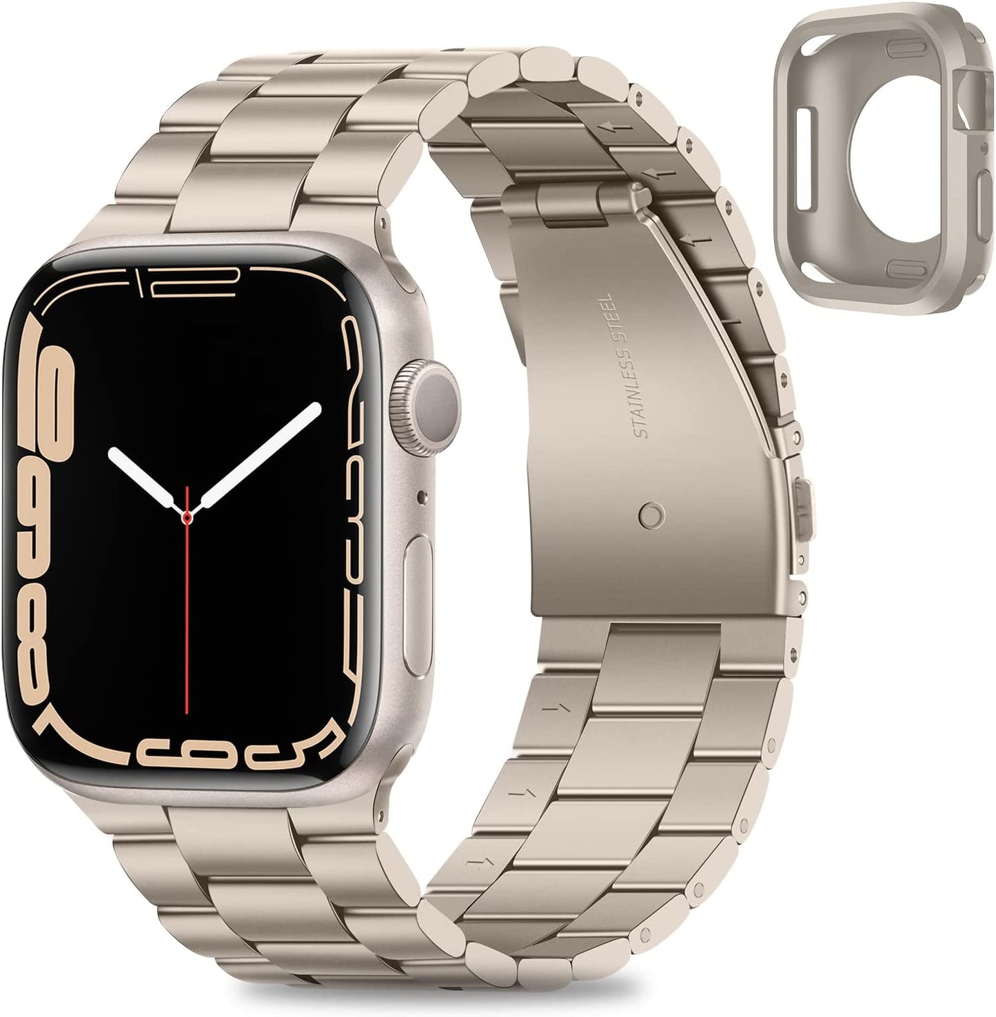 HITZEE Compatible with Apple Watch Band 45Mm 44Mm 42Mm Business Stainless Steel Metal Strap Men Women Link Bands with Case Compatible for Apple Watch SE Series 8 7 6 5 4 3 2 1, 42/44/45Mm Starlight  HITZEE   